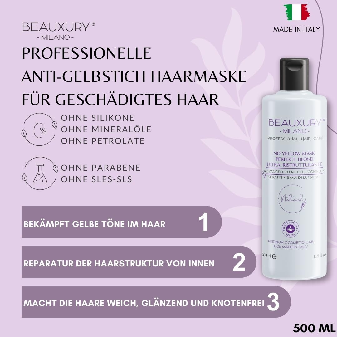 Beauxury Milano Anti-Gelbstich Aufbau-Kit – Shampoo, Maske & Serum Leave-in mit Schneckenschleim für Blondes & Geschädigtes Haar – Reparierende No-Yellow Pflege bei Blondierungsschäden