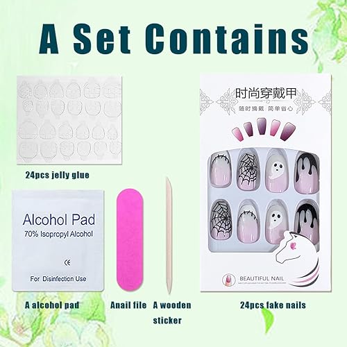 Miniatura 6 de Uñas postizas ovaladas a presión de Halloween, uñas acrílicas de color rosa degradado con diseño de fantasmas, uñas con pegamento en las uñas