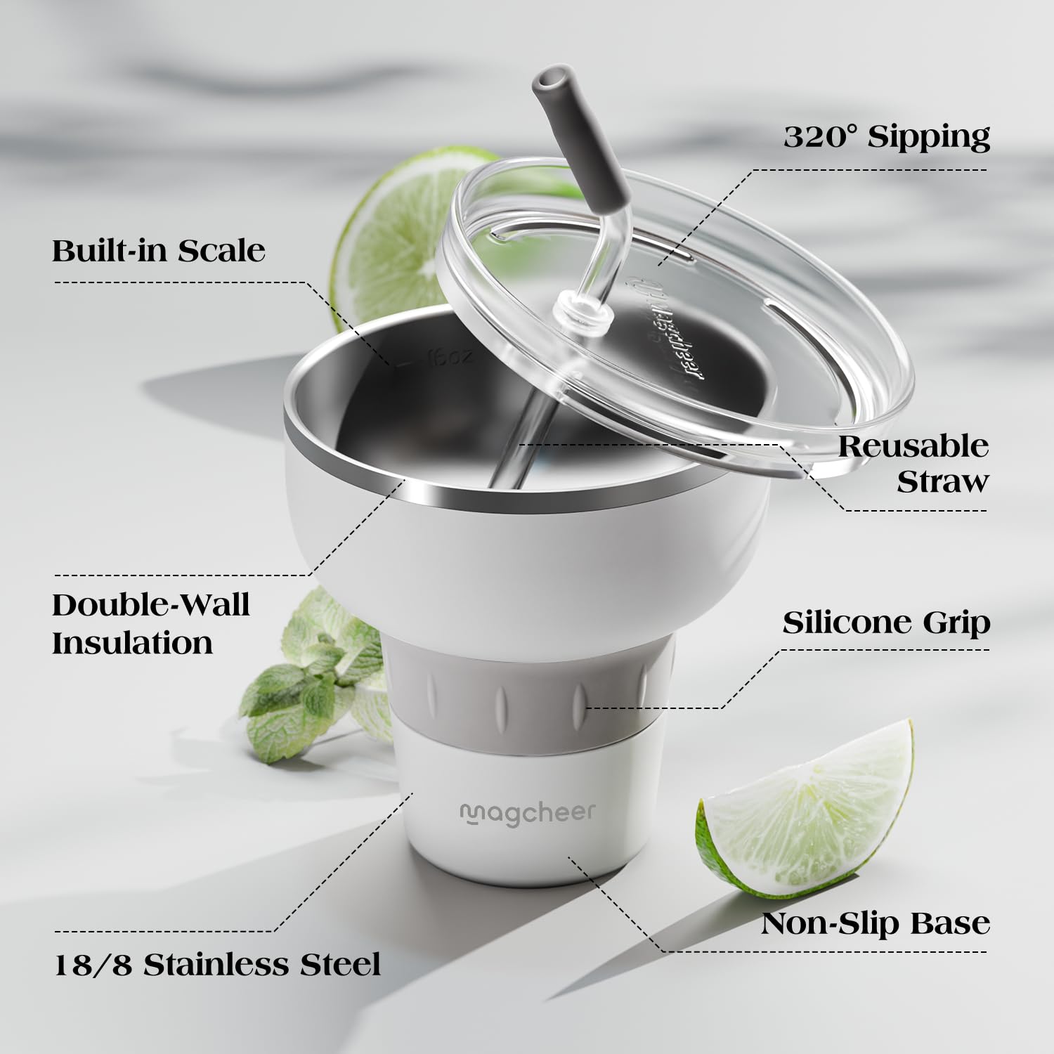magcheer 500ml Copa Margarita Termica con Tapa y Pajita | Vaso de Cóctel de Acero Inoxidable | Diseño Apilable | Regalo Para Hombre y Mujere | Fiesta de Piscina y Vacaciones (Blanco)