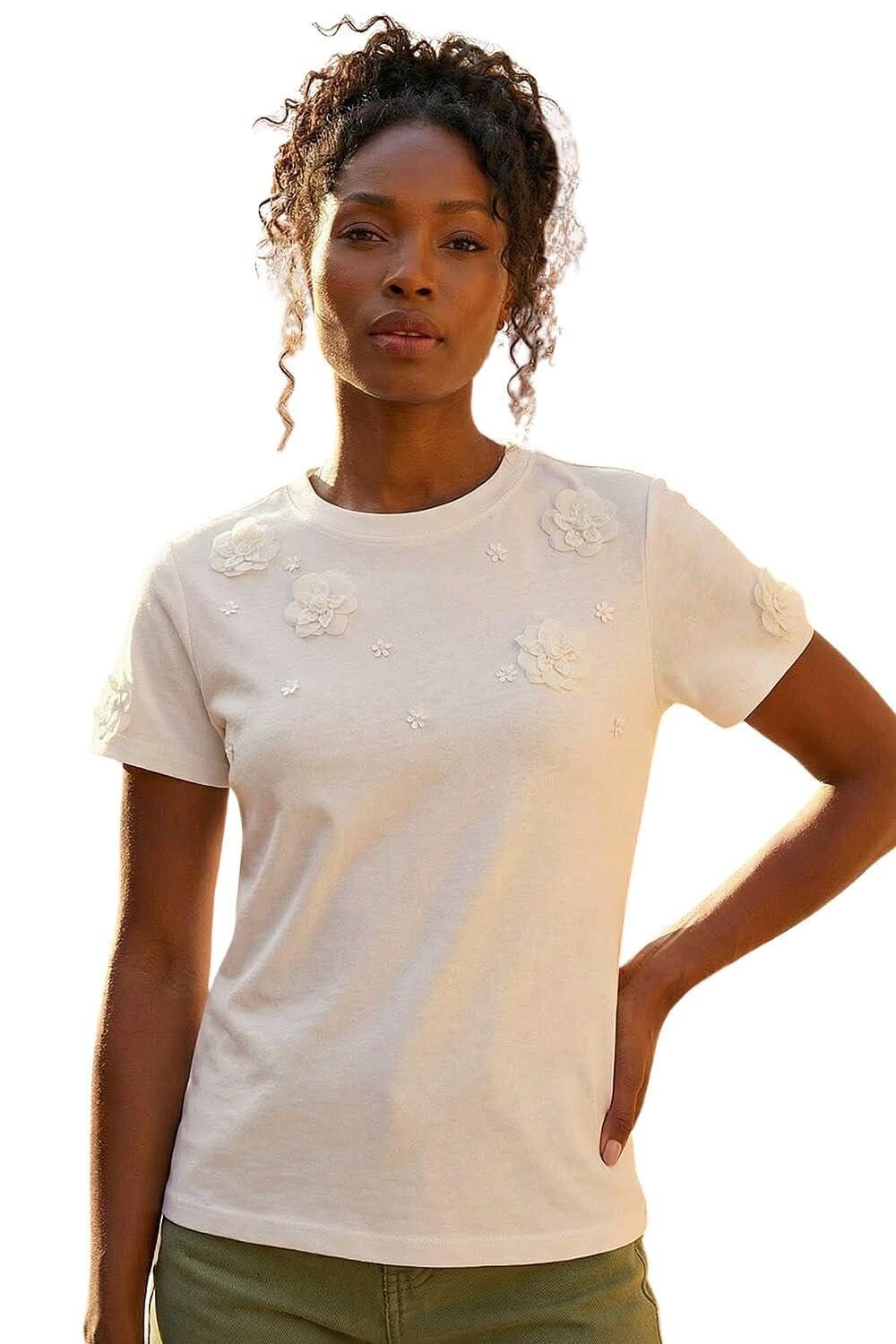Roman - Women's T-Shirt - Floral Applique - White - Size 18