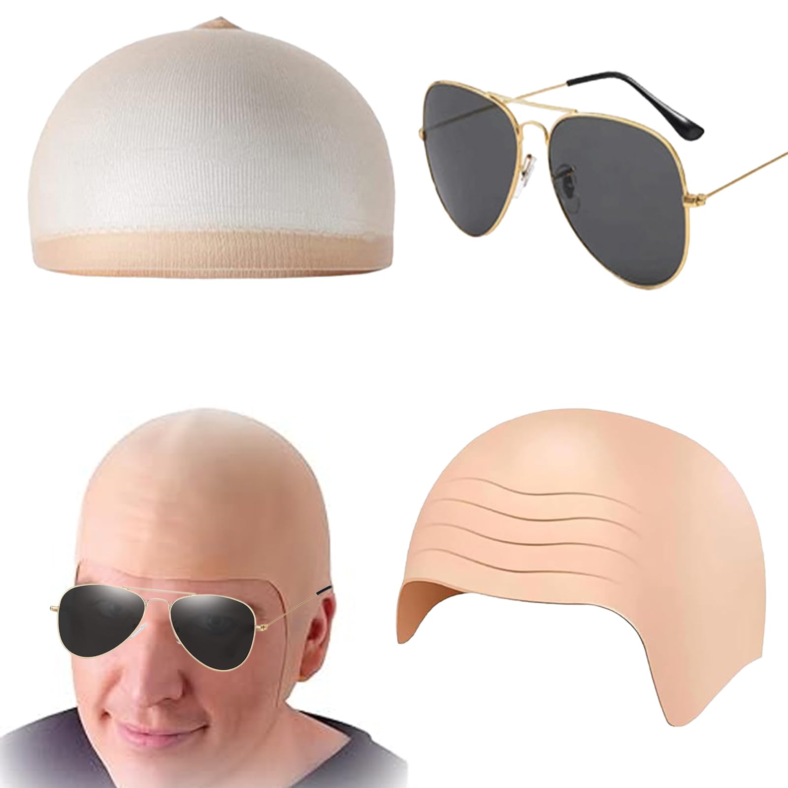 Bald Cap, Set of 3 Bald Cap with Hair Net, Sunglasses, Bald Wig, Flexible Bald Costume for Halloween, Costume Parties, Role Play, Theatre Performances, Carnival