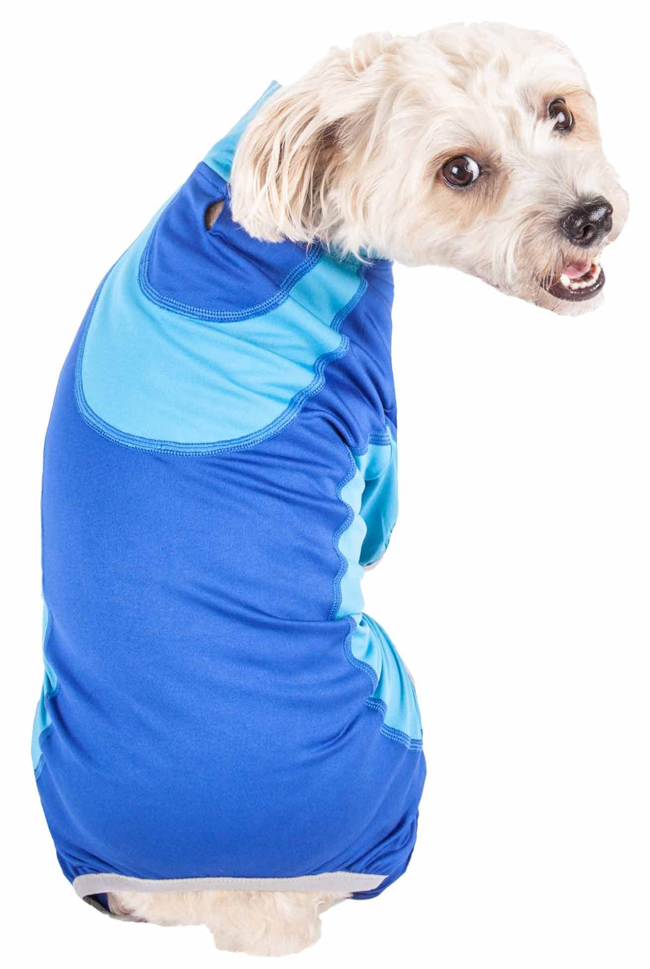 Pet Life ® Active 'Warm-Pup' Heathered Performance 4-Way Stretch Two-Toned Full Body Warm Up, Large, Blue