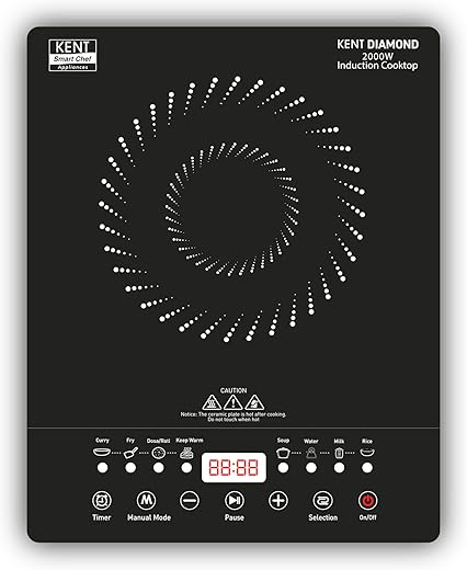 KENT Diamond Induction Cooktop 2000W|8 Preset Menu|Full Microcrystalline Glass|Feather Touch Buttons & Led Display|Milk Boiling & Keep Warm Function|Overheat Protection & Auto Turn-Off, Radiant,Black