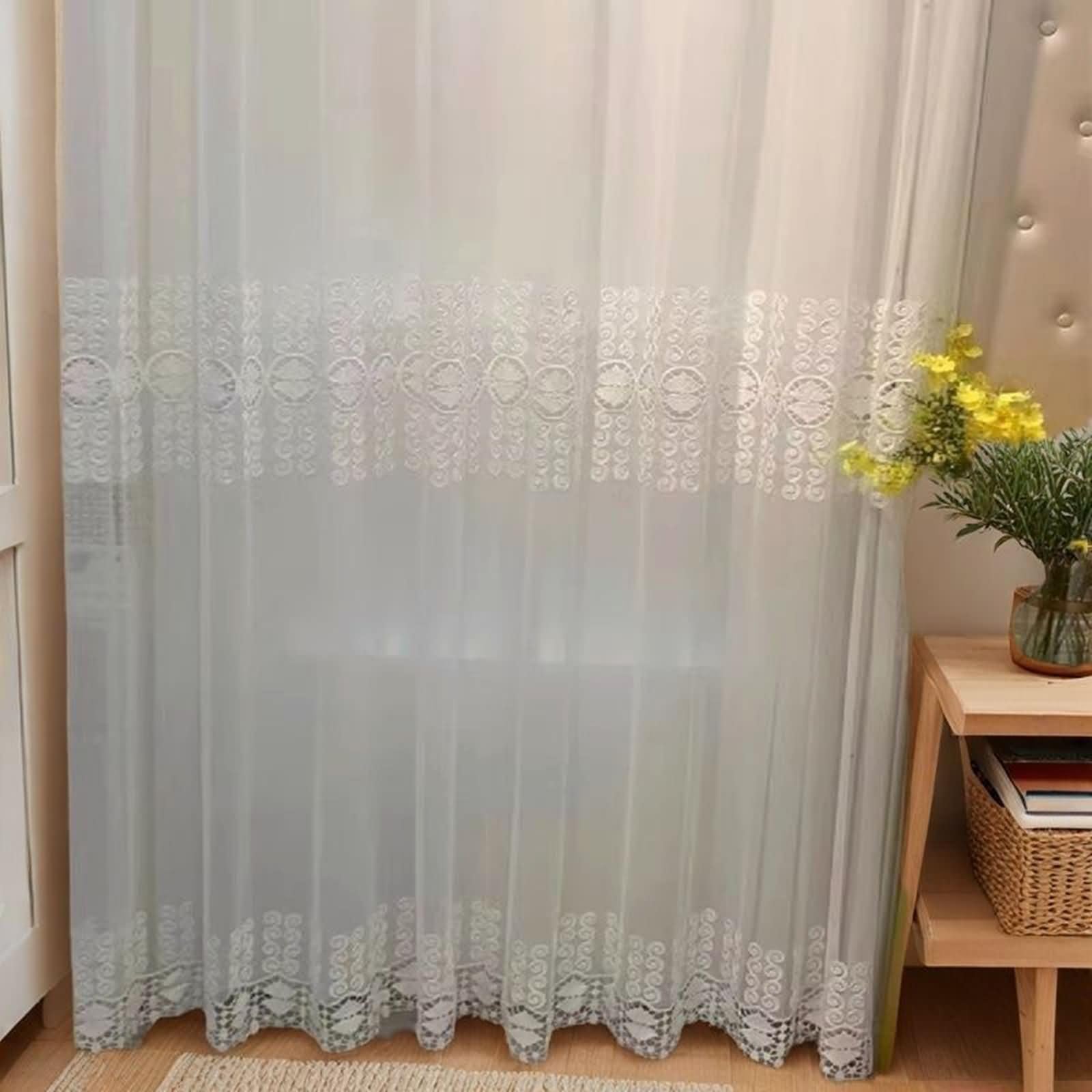 KnSam Rideau Voilage Blanc, 2 Pièces, Rideaux Chambre Salon Broderie, Dentelle à Crochets, 102x183cm x 1pcs