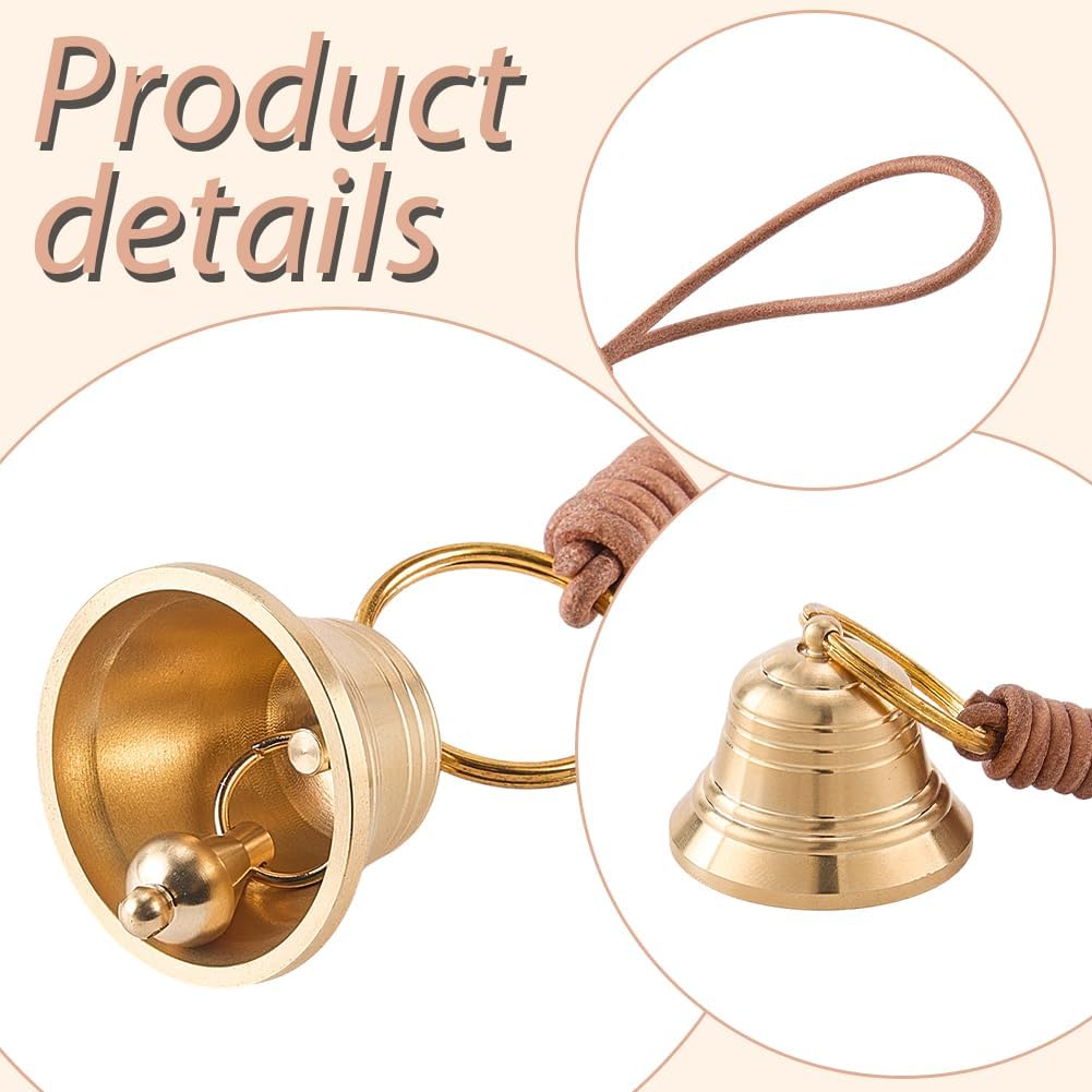 Single Hanging Bell Gold Brass Bell Small Leather Hanging Cord Gold Metal Smooth Vintage Decorative Door Knob Shopkeeper Ornaments for Garden Room Home Store Door Window DIY Christmas Decor