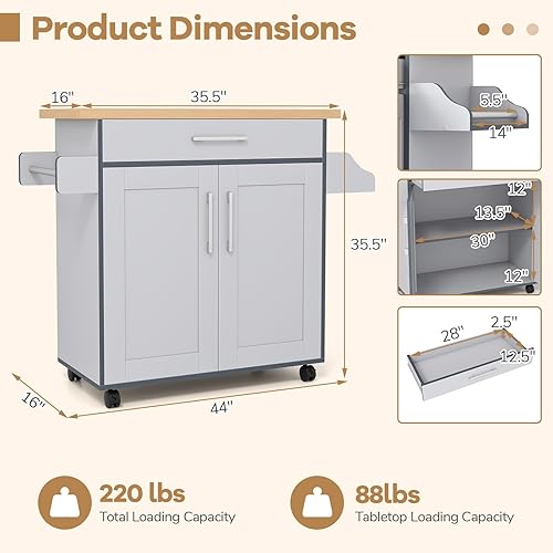 Miniatura 6 de COSTWAY Isla de cocina sobre ruedas, carrito de almacenamiento rodante con gabinete grande, cajón, estante de especias y toallero, utilidad de