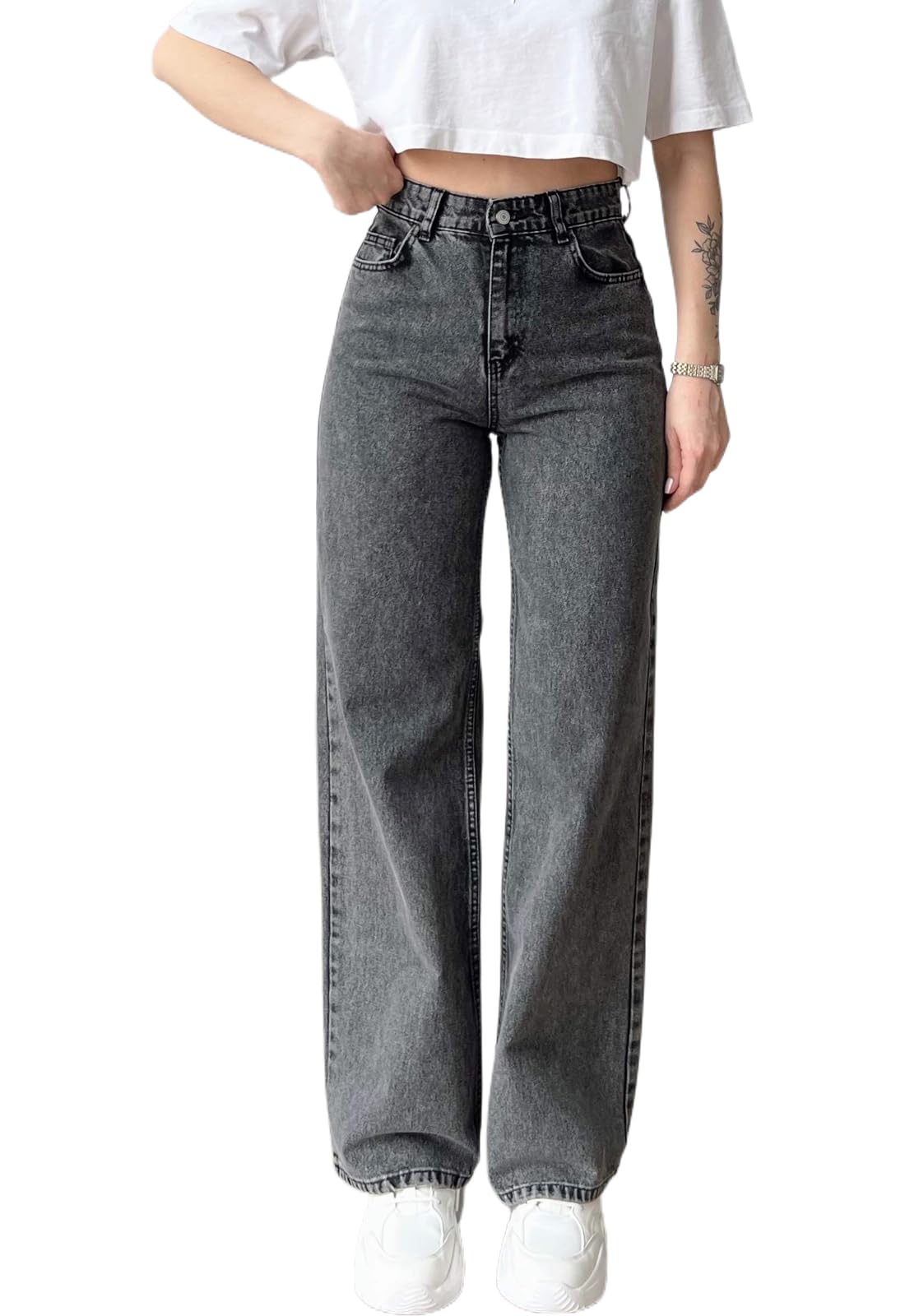 Women’s Curvy Stretch Wide Leg Jeans High Waist Tummy Control Denim