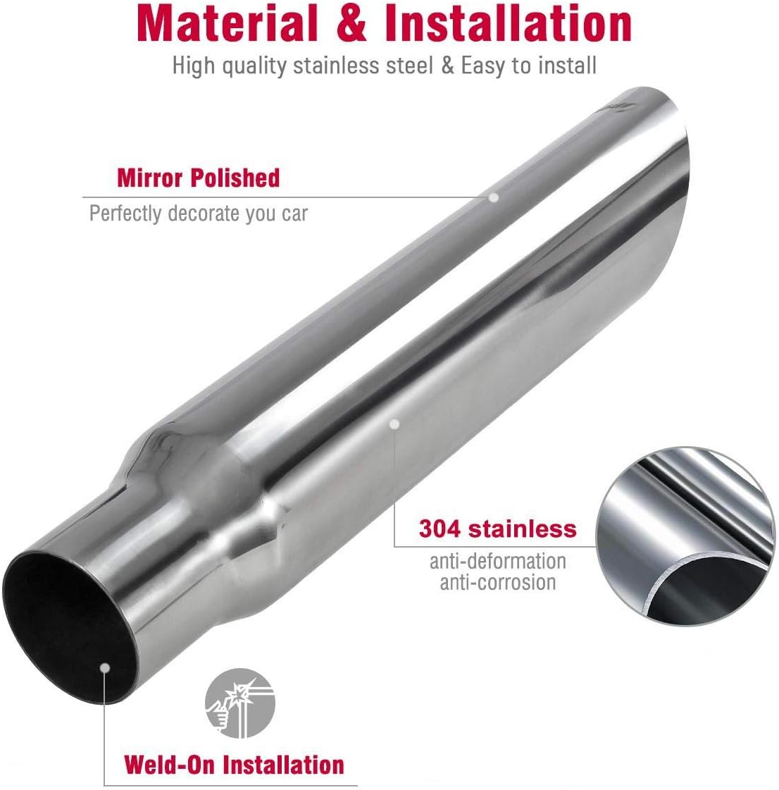 Upower Exhaust Tip 2.25" Inlet 3" Outlet 16" Long Weld On Tailpipe 2 1/4" to 3" for Car Trucks Universal 304 Polished Stainless Steel Angle Cut