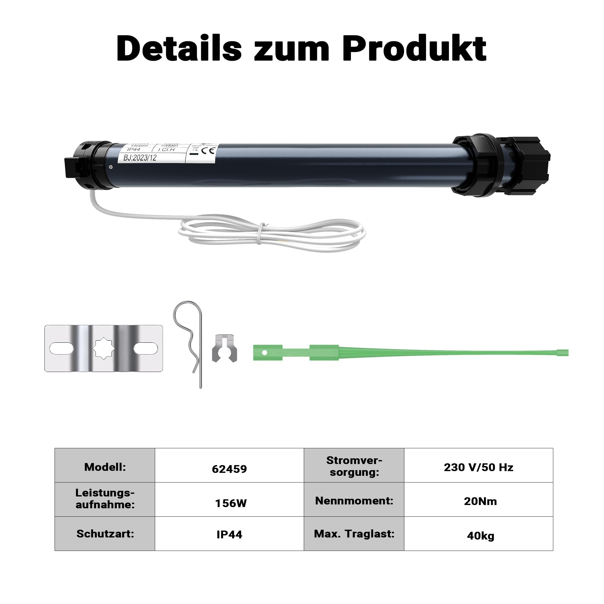 Silnik do rolet Wiltec 156W 20 Nm z mechanicznym wyłącznikiem krańcowym i stopniem ochrony IP44 SW60, silnik do rolet elektrycznych
