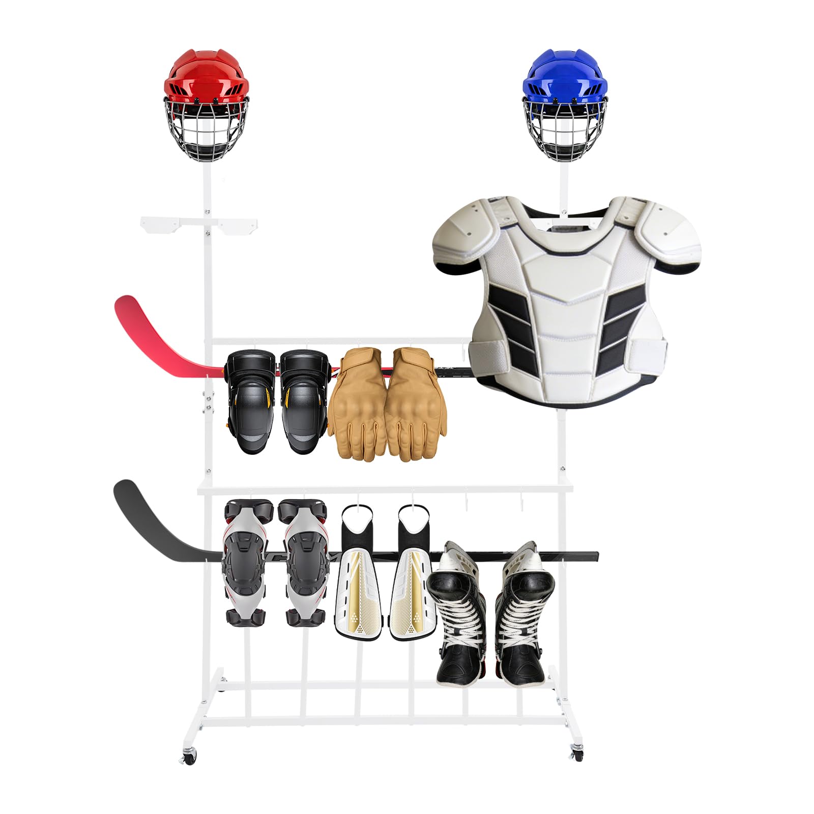 Hockey-Trockengestell, Ausrüstungsständer für Eishockey & Ski aus Eisen, für Eishockey, Ski & Football, 4 Rollen mit Bremsen – platzsparend & stabil, Weiß