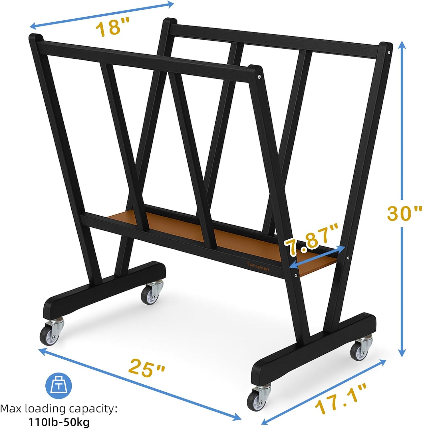 Falling in Art Large Wooden Print Rack, Art Drying and Display Rack with Rolling Casters, Storage Rack for Canvas, Prints, Panels, Posters, Shows and Art Exhibitions, Black