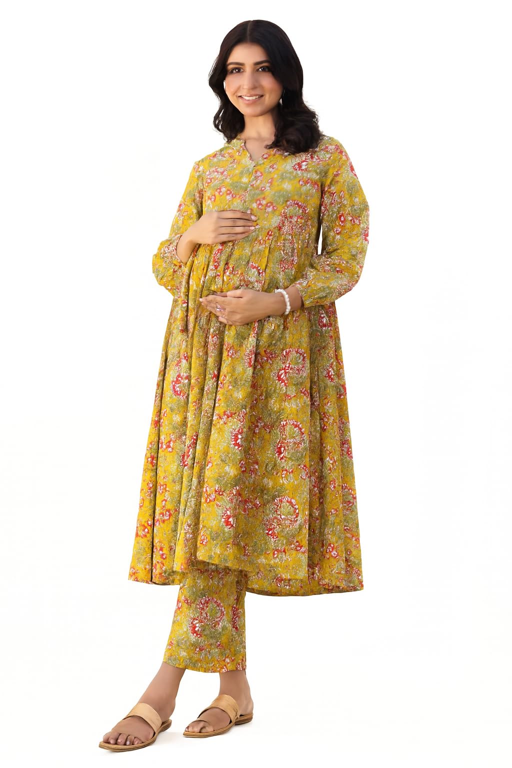 Klubbies Maternity Kurta Set with Pants, Yellow Floral Print, Cotton, Long Sleeve A-Line Tunic for Pregnancy-picture-10