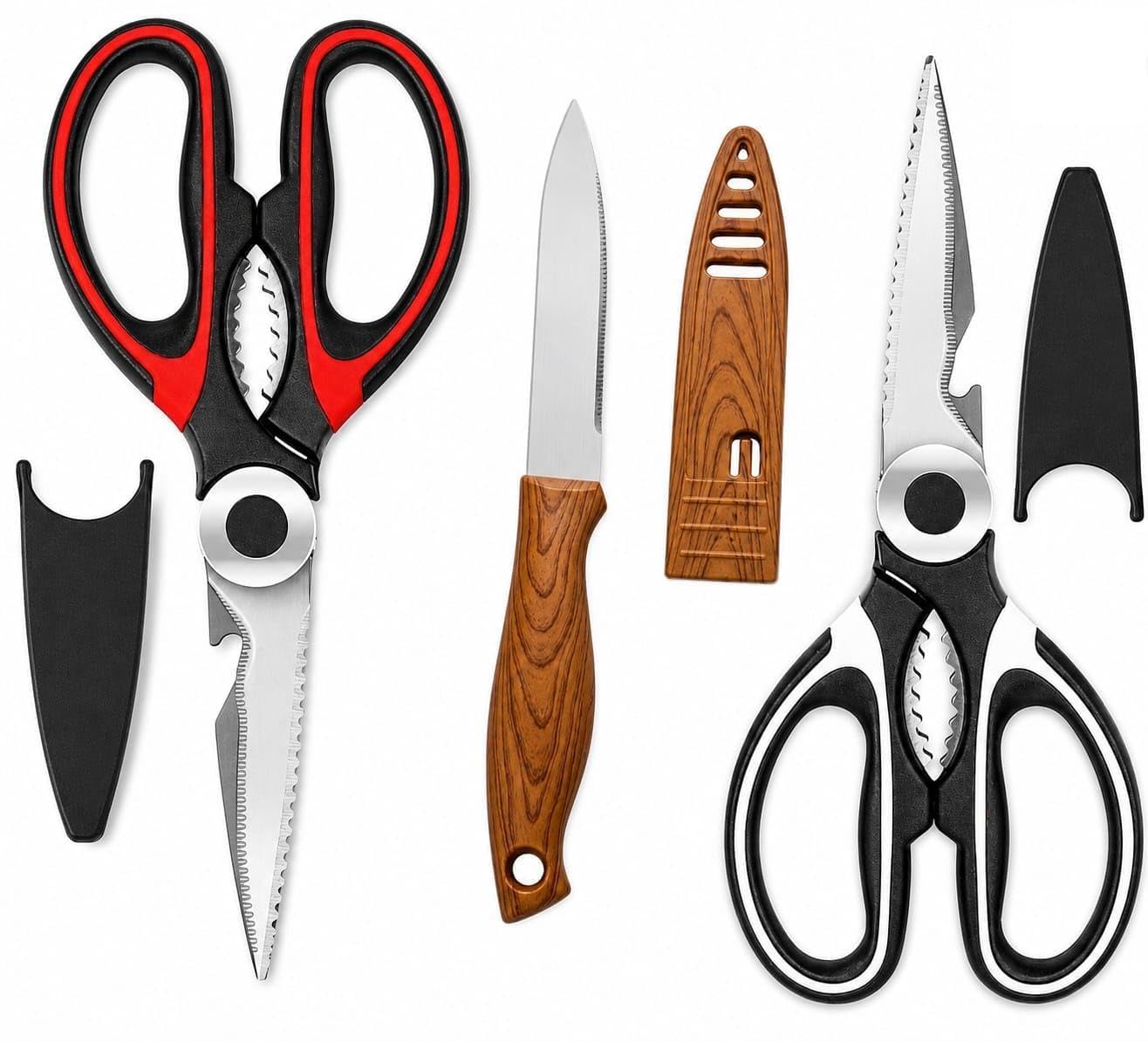 TODO TOYS® Heavy Duty Kitchen Scissors & Knife Set – Stainless Steel, Dishwasher Safe, Multi-Function Shears for Meat, Chicken, Fish, Pizza, Herbs (2 Scissors + 1 Knife, Any Color)