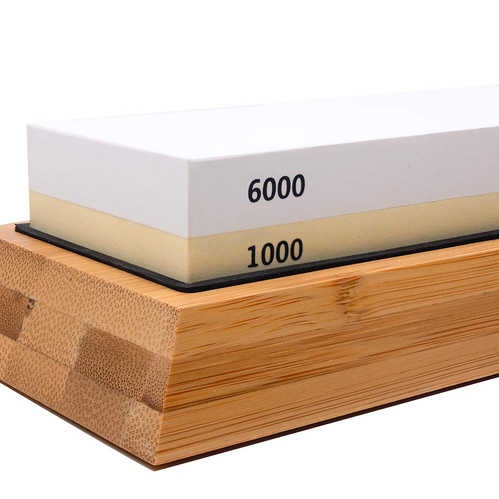 KLAMER Messer Schleifstein Set 1000/6000 Körnung Doppelseitiger Messerschärfer Abziehstein Wetzstein mit rutschfestem Bambusboden