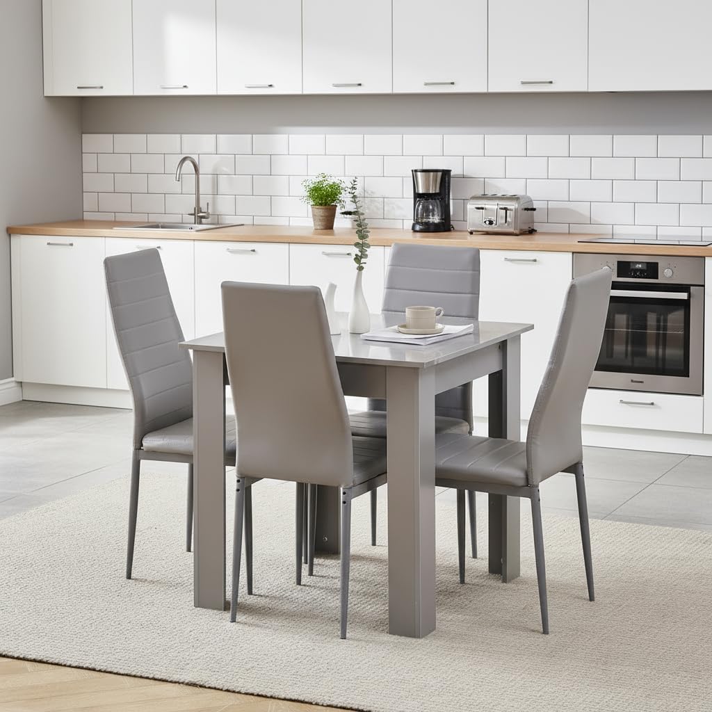 Homullel 75x75 cm Small Dining Table and 4 Chairs, 4 Seater Table and Chairs Set Kitchen Dining Room Set for 4, Compact, Space Saving, Wooden, Glossing Tabletop Grey (4 Seats, Faux Leather Grey #1)