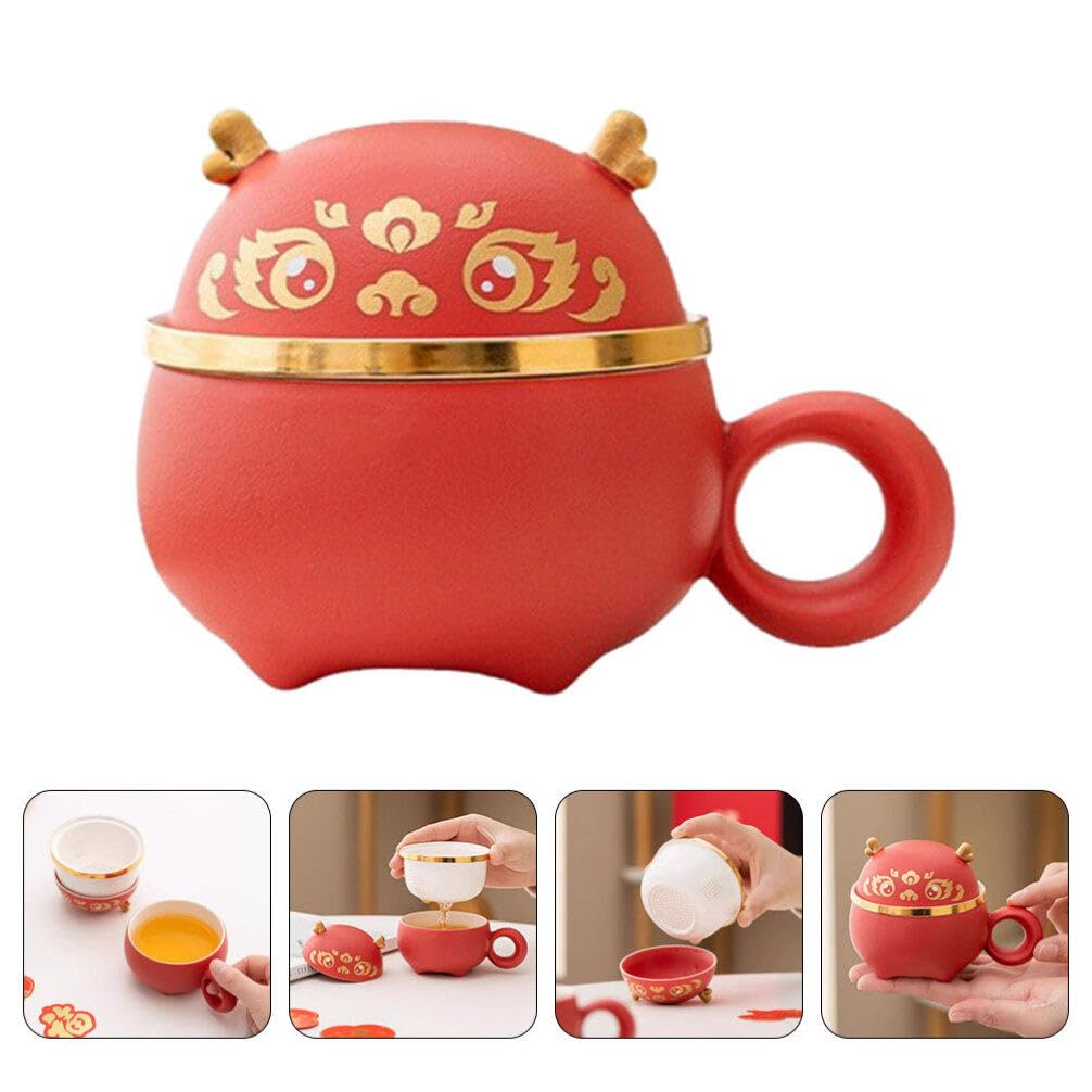 STOBAZA Tazza da Tè in Ceramica 140ml Filtro, Coperchio Rosso