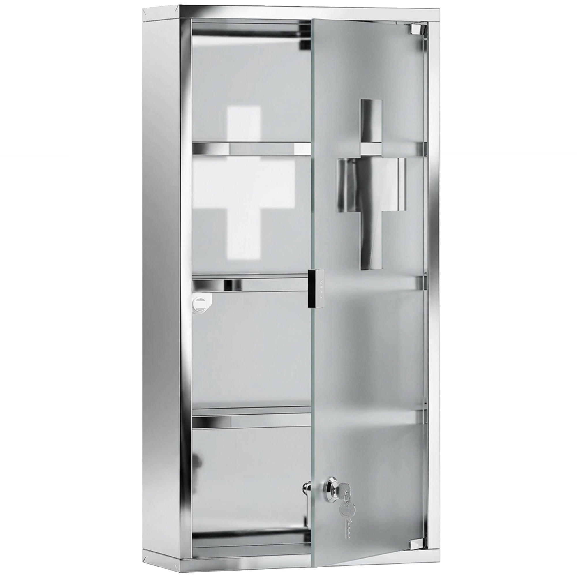 HOMCOM Armoire à Pharmacie 3 étagères 4 Niveaux 30L x 12l x 60H cm Porte Verre trempé Symbole Croix Acier Inoxydable brossé