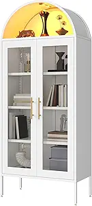 DWVO Arched Display Cabinet with Glass Doors, 71" Tall Storage Organizer Cabinet with Adjustable Shelves, Curio Cabinet with LED Lights, 5 Tier Bookcase for Collectibles Living Room Office, White
