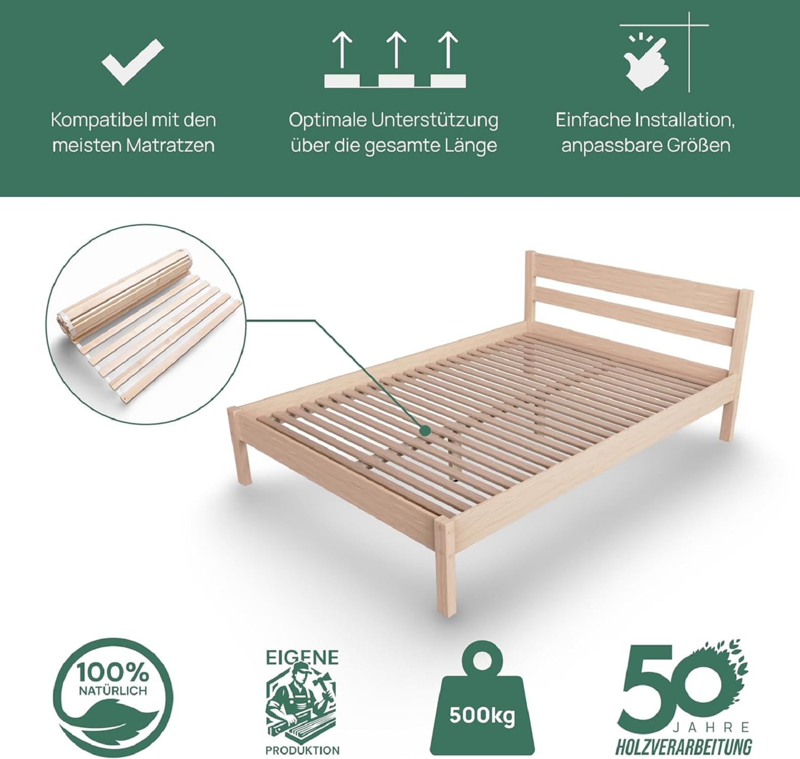 Standard Rollrost – Lattenrost 140x200cm fertig montiert I 100% nachhaltiges Birkenholz I FSC®-Zertifiziert I Für zuverlässige Stabilität und täglichen Komfort I Tragkraft bis 500 kg