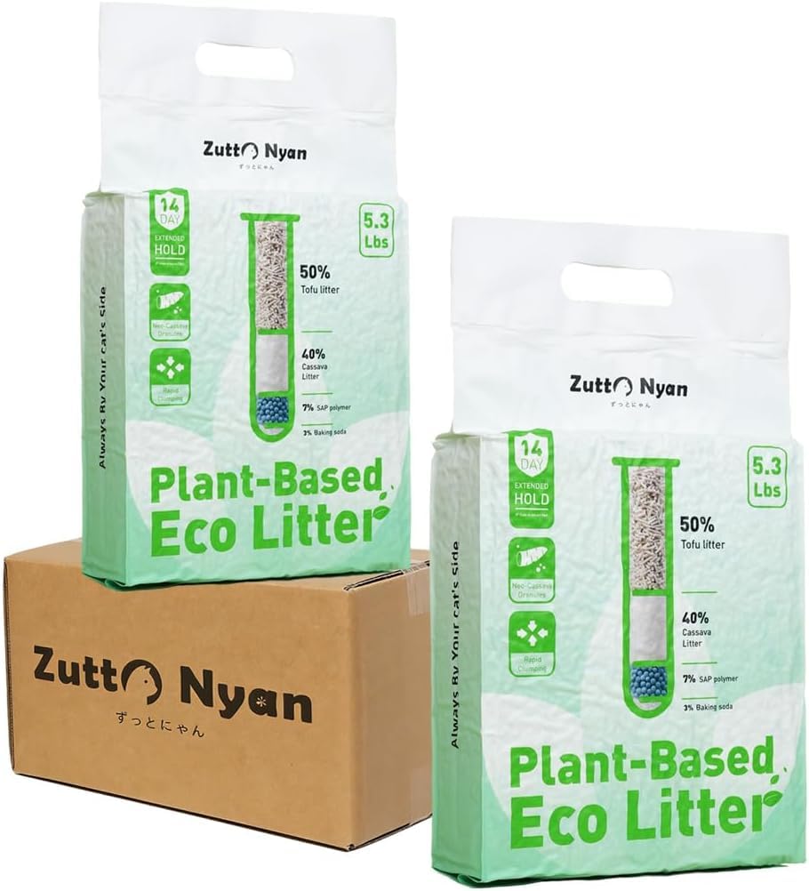 Zutto Nyan 4 in 1 Cassava Cat Litter, Cassava & Tofu Litter, Fast Clumping Flushable Kitty Litter,Superior Odor Control,Low Tracking,99% Dust-Free Natural Plant-eco Friendly Litter (5.3lb x 2Bag)