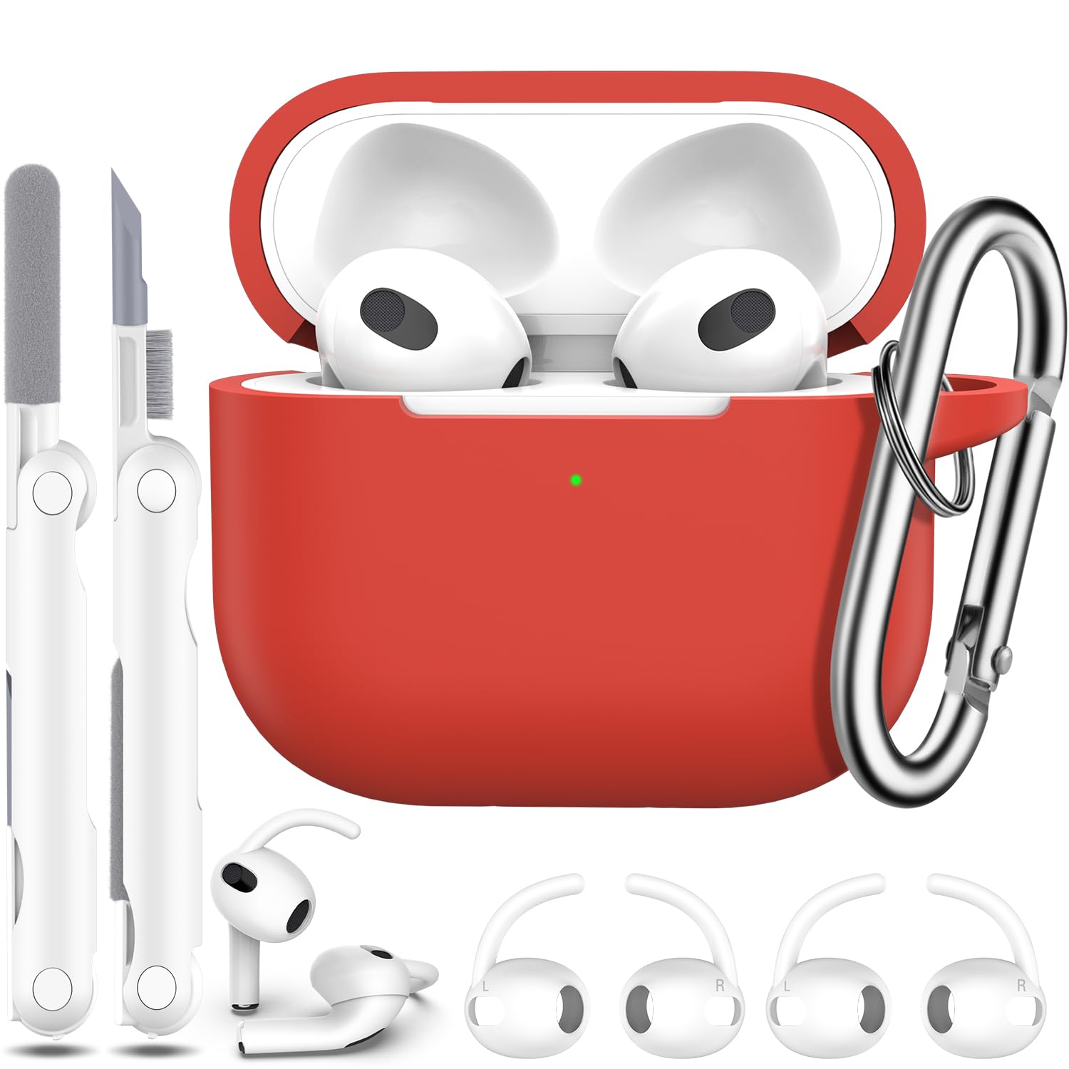 R-fun Case Cover for Airpod 3rd Generation with Cleaner Kit and Earbuds Hook Cover (2Pairs),Soft Silicone Protective Case for Airpod 3 2021- Red
