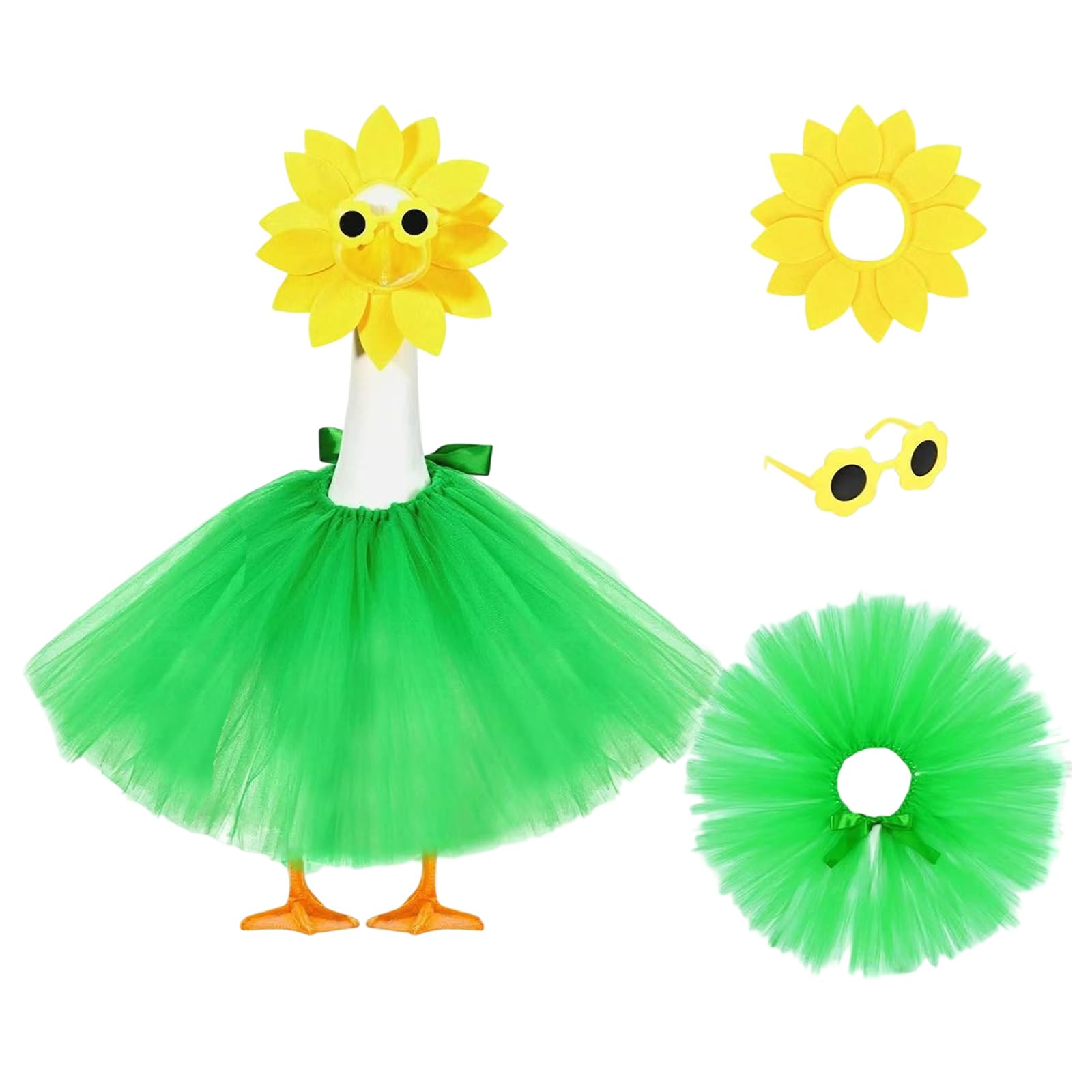 Beinvibe Sunflower Porch Goose Outfit 3pcs Summer Outfit Include Sunflower Headpiece Sunglasses Green Tutu Skirt Garden Decor (Multicolor, 3Pcs Set)