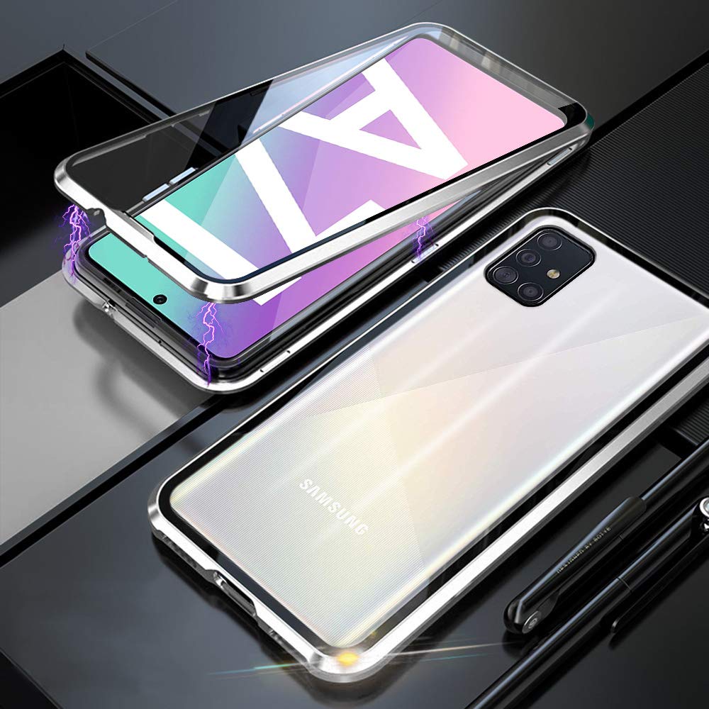 HaptiCaseCase for Samsung Galaxy A71 Magnetic Cover,Magnetic Adsorption Technology 9H Front and Back Tempered Glass Cover 360°Shockproof Full Body Protector Ultra Thin Metal Bumper - Silver