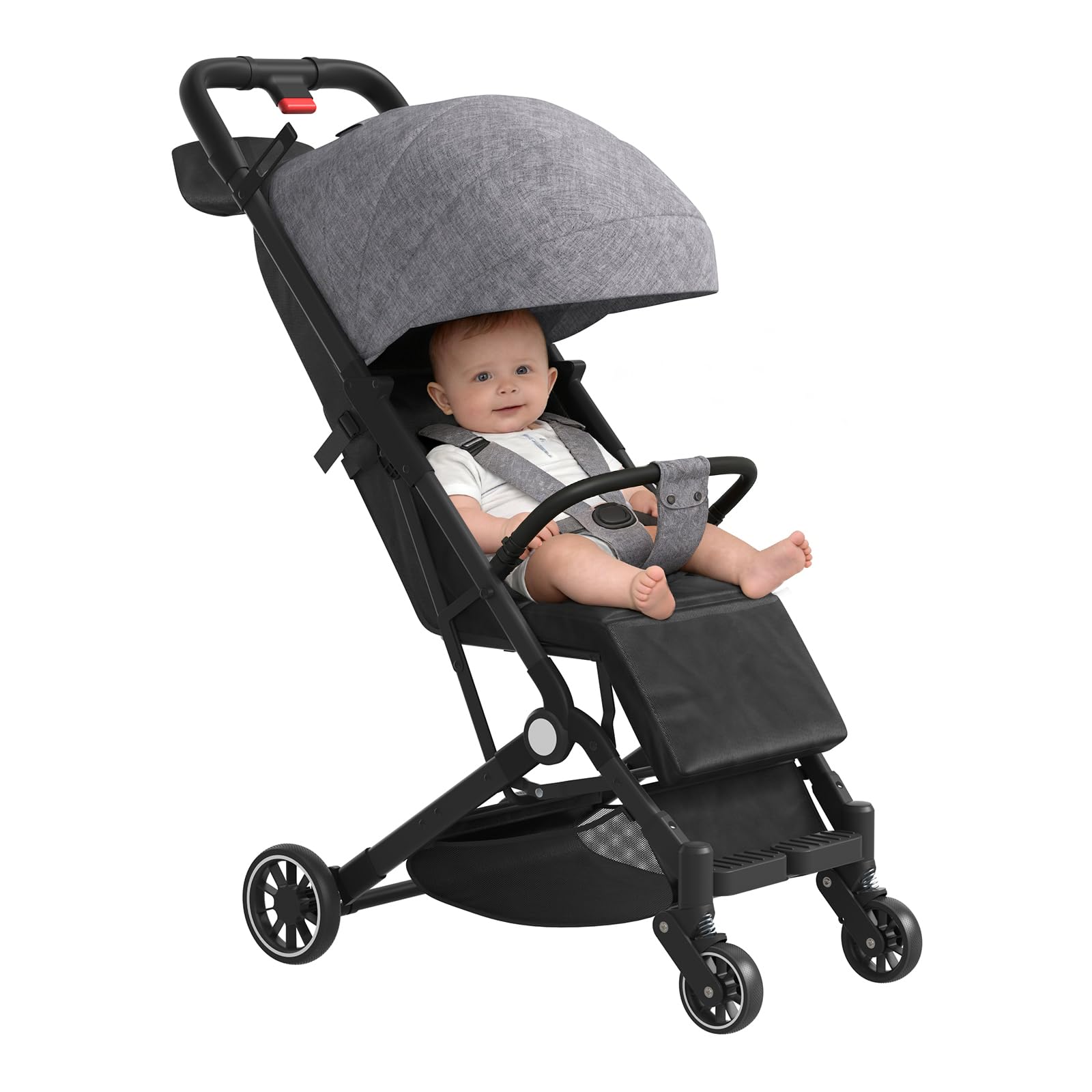 Poussette Canne Compacte Légère, 0 à 4 Ans, Pliage Rapide, 3 Positions d'Inclinaison, Panier de Rangement, Harnais à 5 Points, Trolley de Transport (Gris)