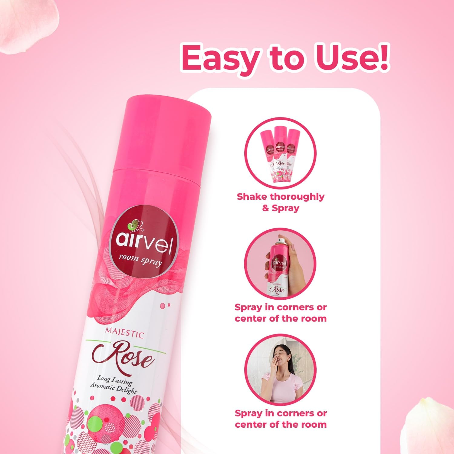Airvel Majestic Rose Air Freshener Spray | Long Lasting Floral Fragrance for Room, Bathroom & Office | Non-Toxic, Odor Neutralizer, Easy Spray Mist | 217ml Each Pack of 2 3