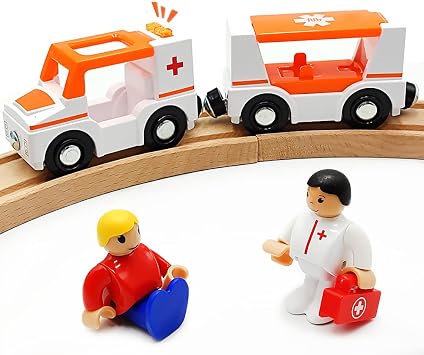 Magnetic Trains Cars Playset Wooden Train Track Accessories Station Wagon Train Set for Toddlers 3-5 Wooden Train Sets for Boys Girls Ages 3-4-7 Ambulance B with Light and Sound