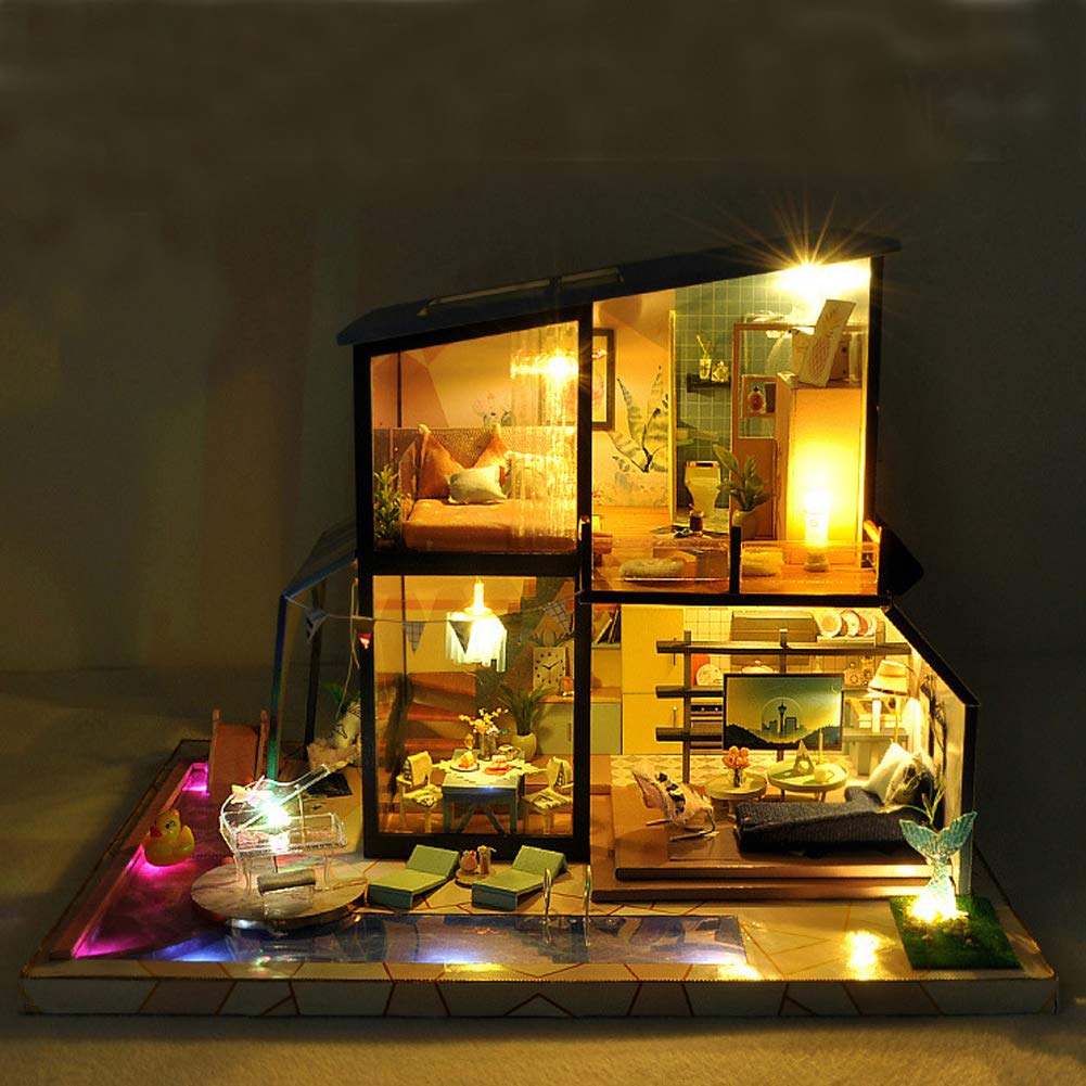 Edificio Moderno Kit di Assemblaggio Fai da Te per Casa delle Bambole Kit per Casa delle Bambole in Miniatura in Legno Carillon con Copertura Antipolvere Miniature da Costruire