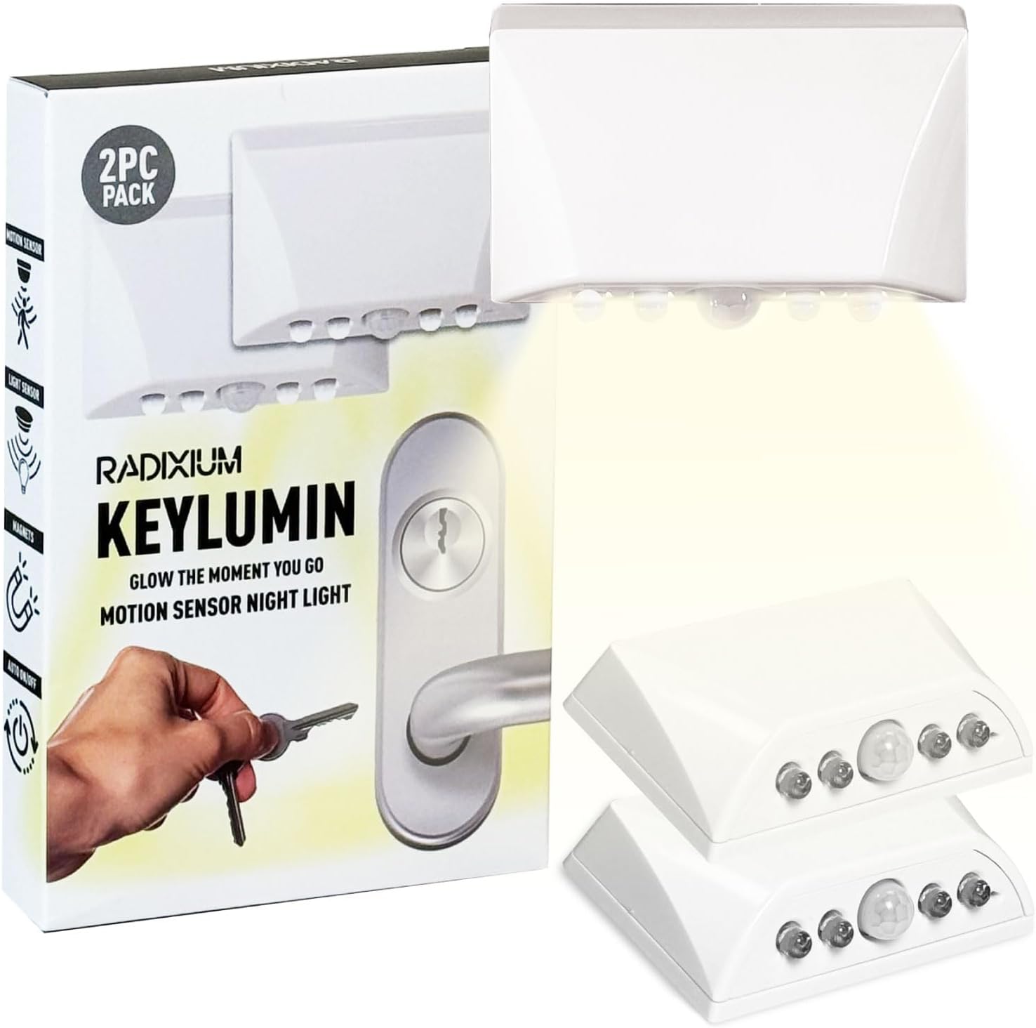 Silver 2 Pack Motion Sensor Keyhole Light - Automatic on/Off Infrared LED, Suitable for Front Doors, corridors, Stairs in The Dark | 3-Way Installation (2PC White)