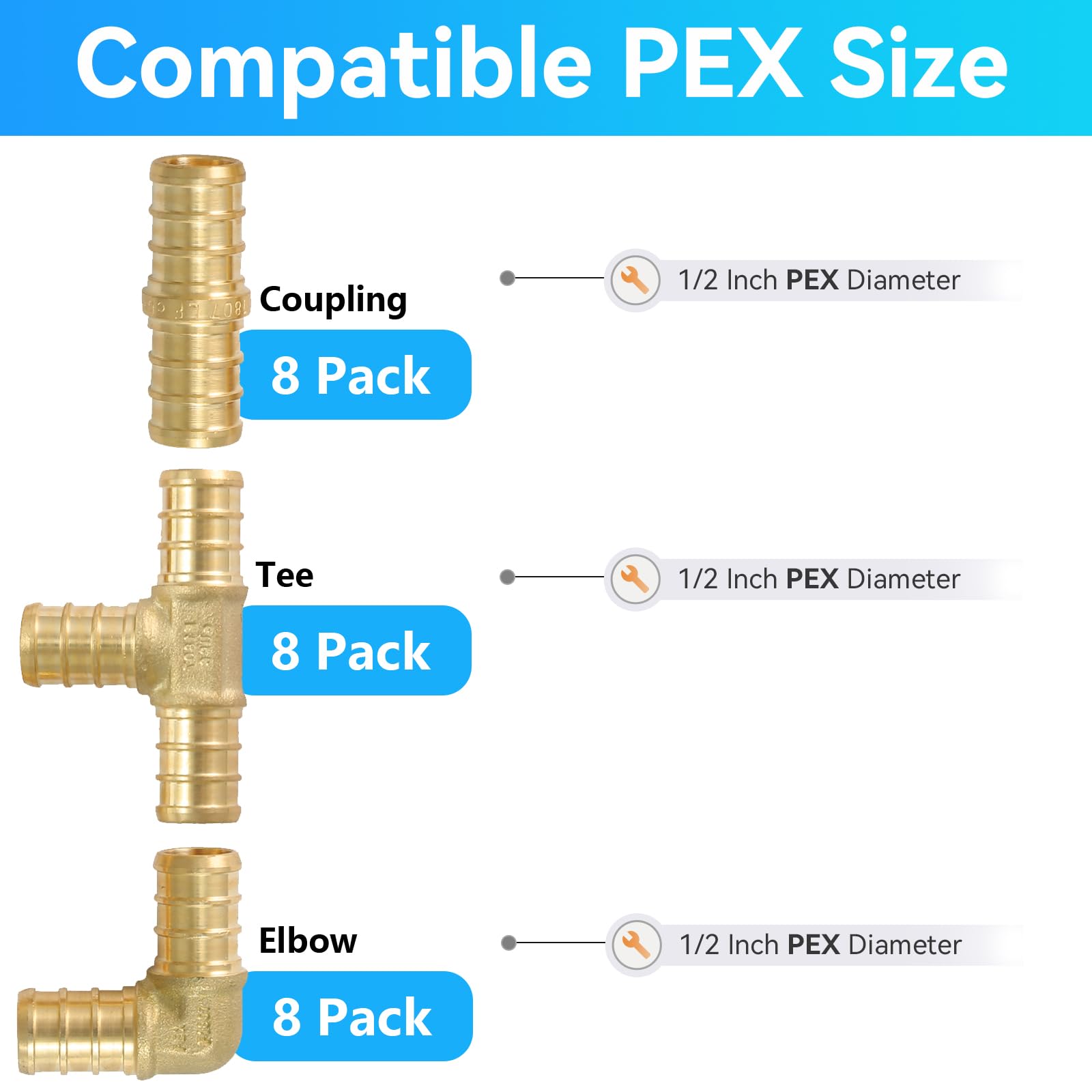 Accesorios PEX (24 Piezas), Codo de 90 Grados (8) + te (8) + Acoplamiento Recto (8), Conjunto de Accesorios de engaste de latón para conexión de tuberías PEX, ASTM F1807