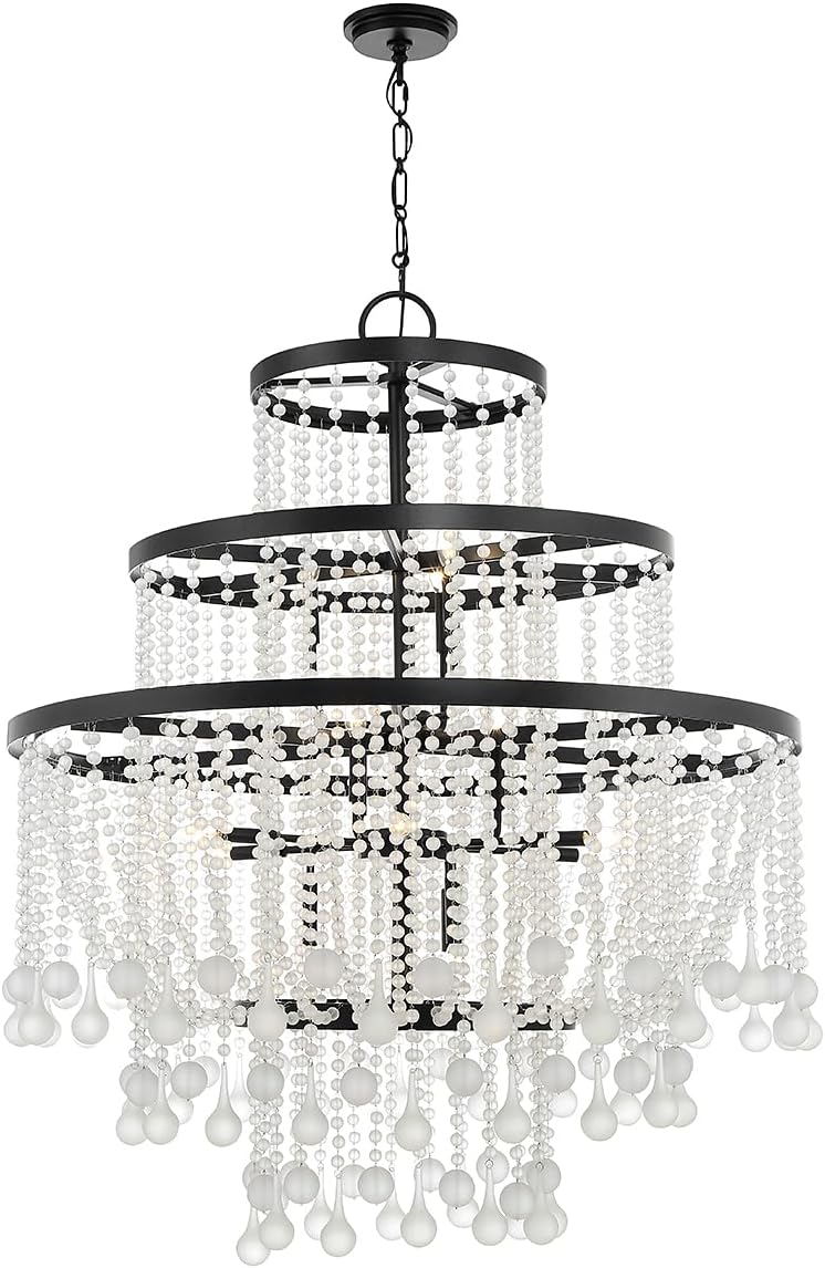Savoy House 1-1868-15-89 Luna Vintage Modern Frosted Crysal 3-Tiers Chandelier, 15-Light 900 Total Watts, 54" H x 45" W, Matte Black