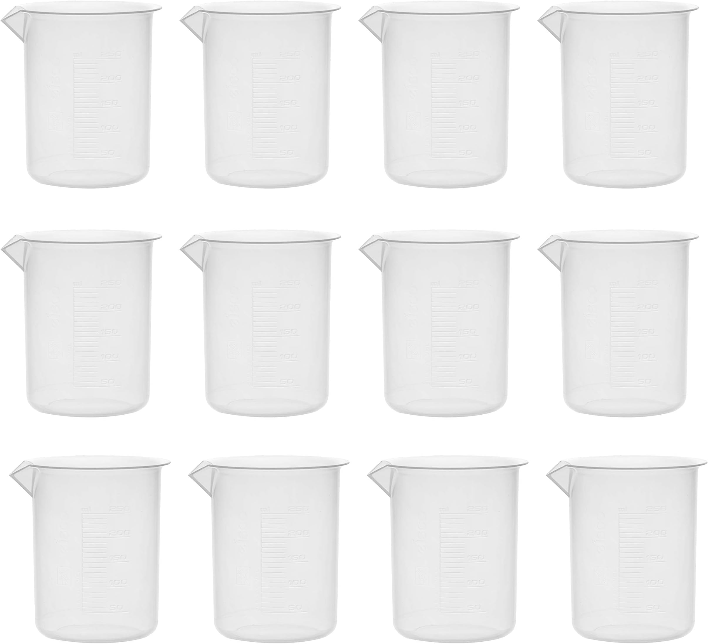 EISCO 12PK Plastic Beakers, 250ml - Polypropylene Plastic - Raised Graduations, Tapered Spout - Euro Design