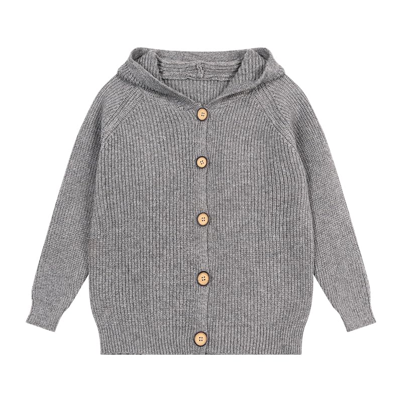 Knit Hoodie Cardigan with Wooden Buttons – Soft Ribbed Texture, Cozy Fit, Button-Down Front Grey (US, Age, 7 Years, Grey)