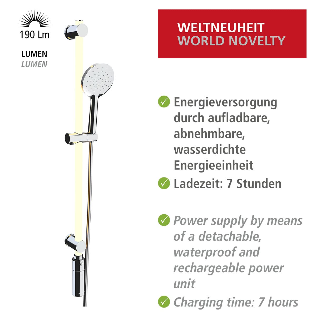 Wenko Set Asta Doccia a Led Illuminata, a Risparmio Energetico, Dimmerabile con Modalità di Cambio Colore, Niente Più Soffione Doccia e Flessibile Doccia Calcare, Fissaggio Senza Fori