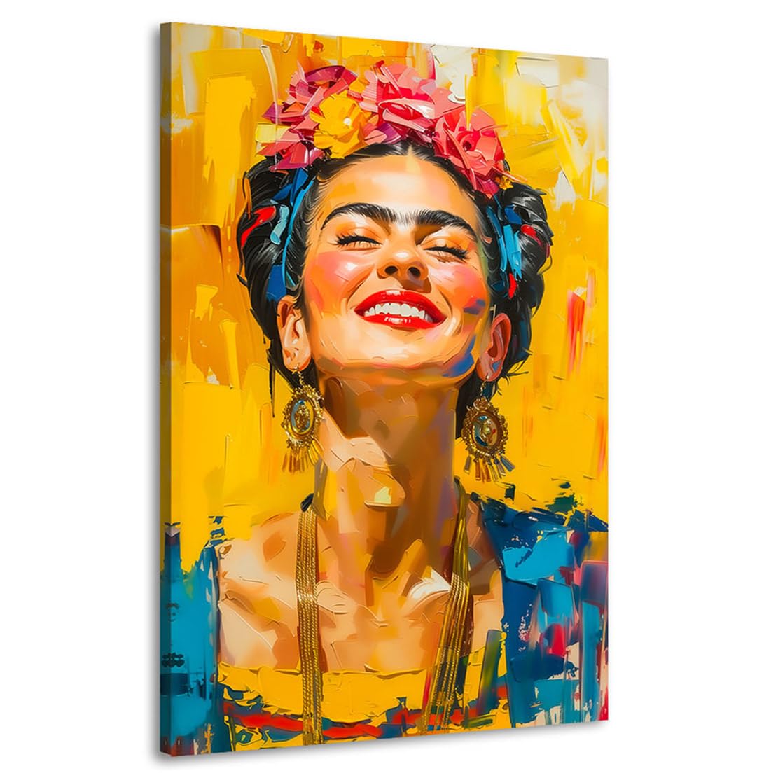 Kunstgestalten24 | Frida Kahlo Smile Abstrakt Modern Leinwand-Bild | mit Echtholz-Keilrahmen | Leinwandbild Wandbild Gemälde Kunst Art | Hochwertige Kunstdrucke | XXL Bilder auf Leinwand