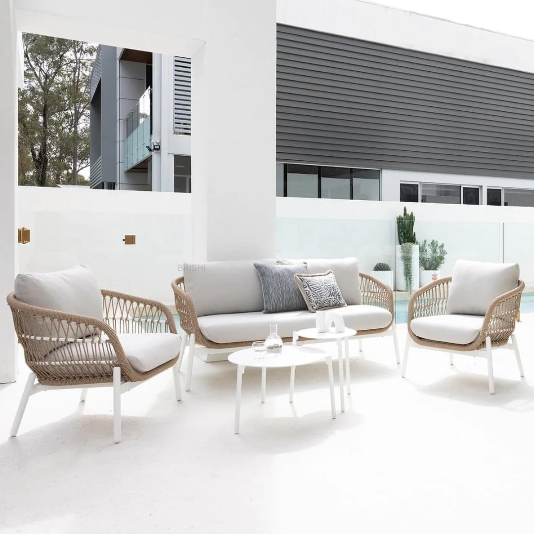 DRX DRXOutdoor 4 Seater Sofa Set | Balcony Sofa | Patio Furniture Sets | Conversation Sets | Braid & Rope Garden 4 Seater Sofa Set with Center Table (Beige)-image-39