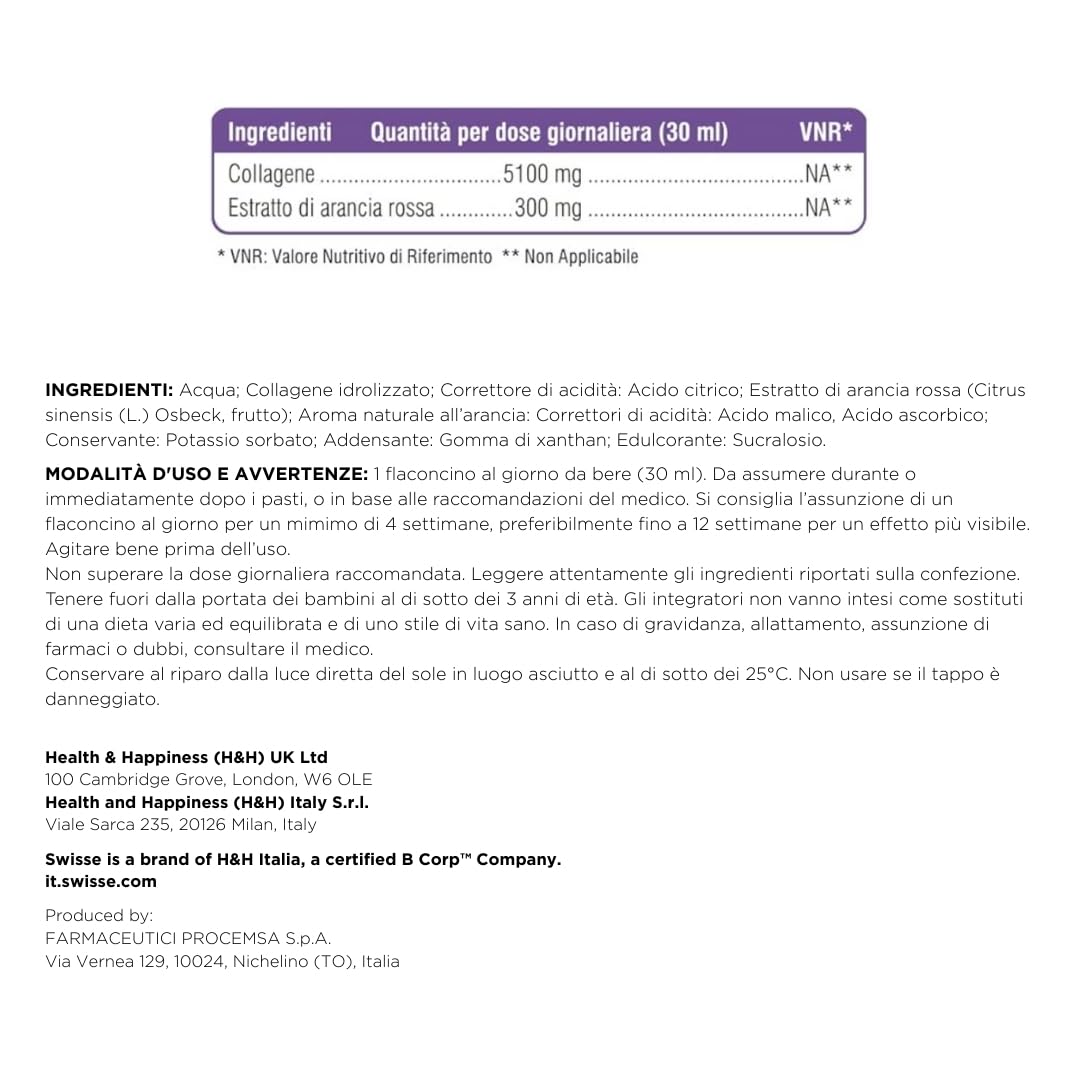 SWISSE Collagene Integratore Liquido - Collagene Idrolizzato da Bere Donna e Uomo con Arance Rosse per Pelle Elastica e Luminosa, Integratori Bellezza Attenua le Rughe, 7 Flaconi x 30 ml Made in Italy