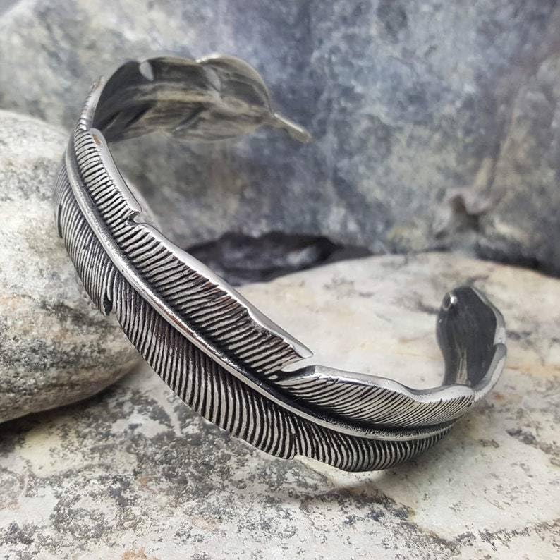 Stainless Steel Feather Bangle, Vintage Leaf Feather Cuff Bracelet for Men Women - Image 5