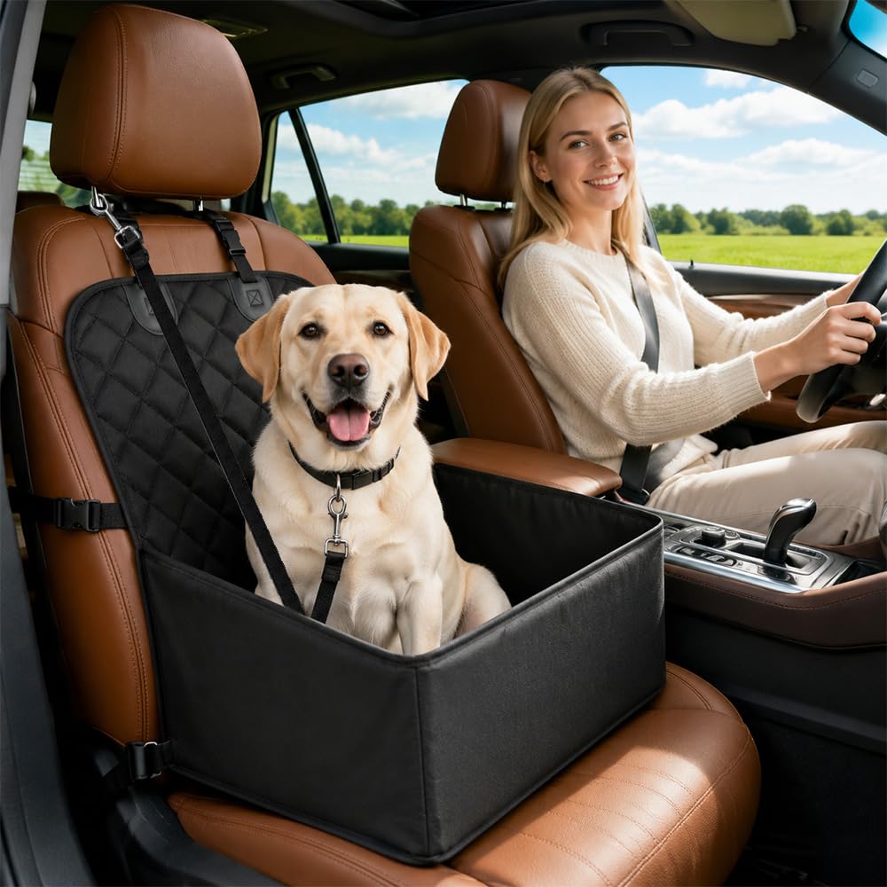 Dog Car Seat, Washable Pet Booster Seats, Waterproof Dog Car Booster Seat, Soft Quilted Pet Booster Seat, with Clip-On Safety Leash, Detachable and Washable for Small to Medium Dogs & Puppies