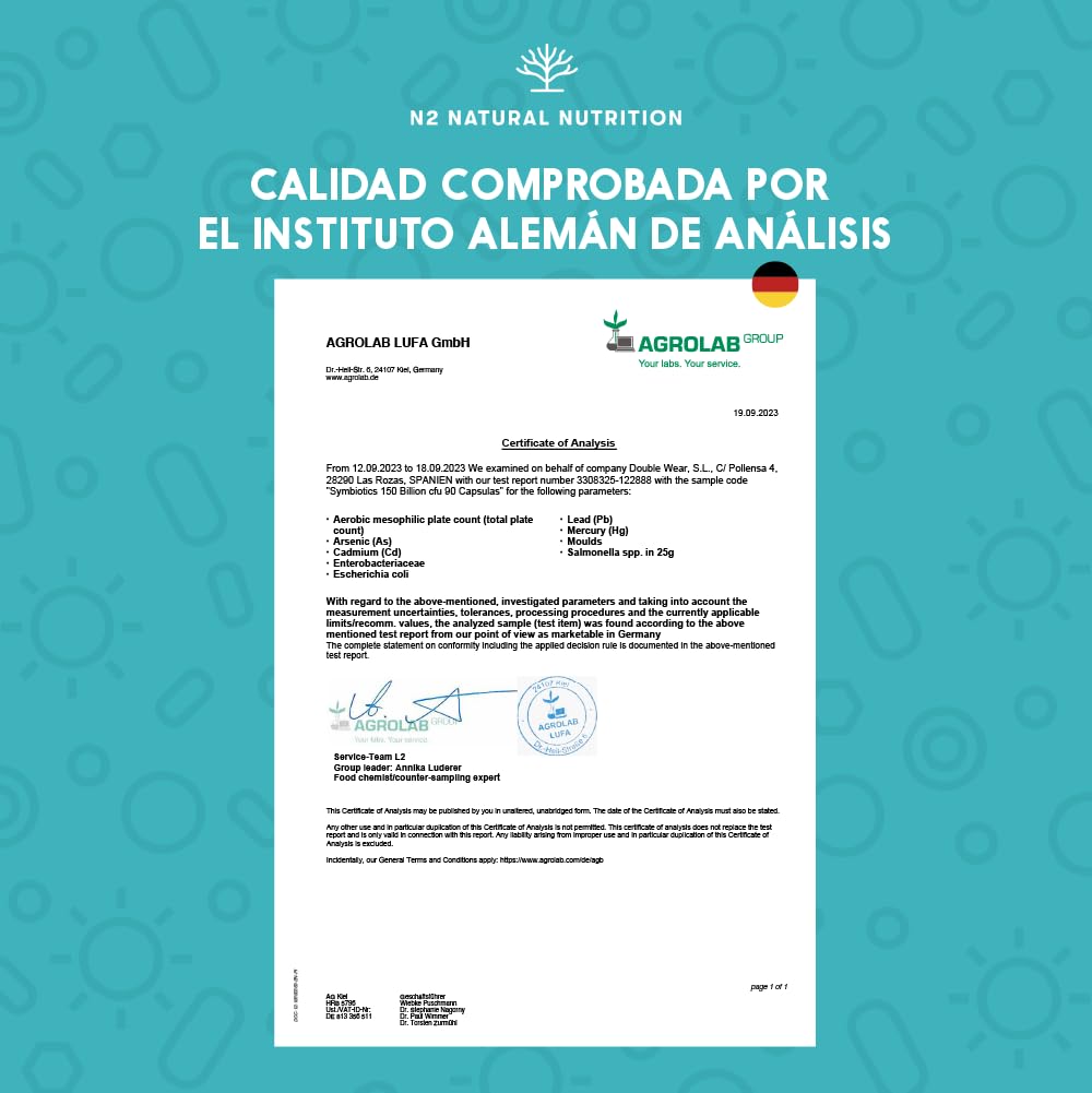 Probioticos 150 mil millones UFC y 20 Cepas. Máxima concentración de Probioticos y Prebioticos intestinales y Zinc. Terapia de choque 76 Días. Colon irritable y gases. Vegano. CE. N2 Natural Nutrition