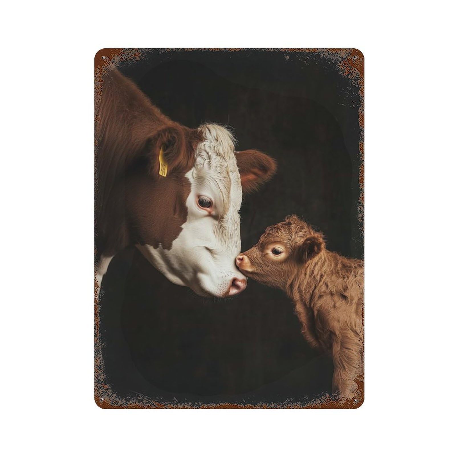 Garage Style Cow And Calf Nosing Rust Effect Tin Sign 15.7"x11.8", Industrial Home Decor for Bar And Workshop