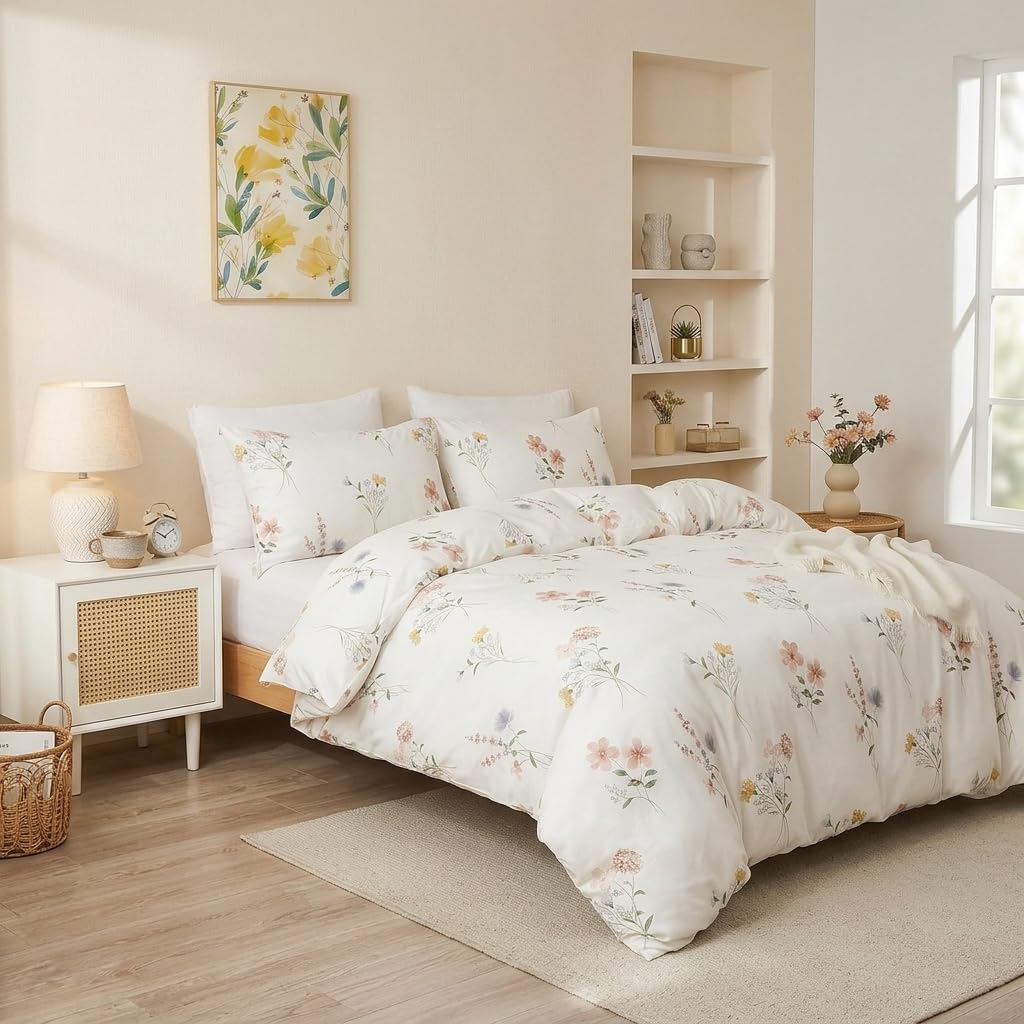 100% Cotton Duvet Cover Set Queen – Pink Watercolor Wildflower Meadow Bedding Set 3 Pieces, Lightweight Ultra Soft Comforter Cover with Zipper Closure, Soft Pastel Botanical Bed Set