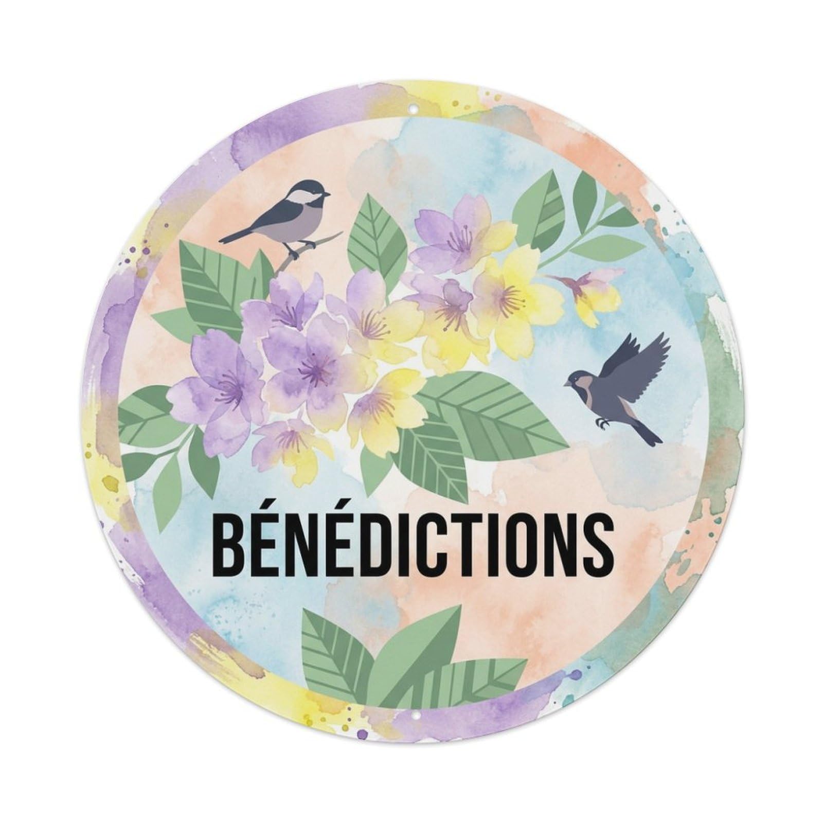 Watercolor Bird Slogan Benedictions Cherry Blossom Metal Tin Sign