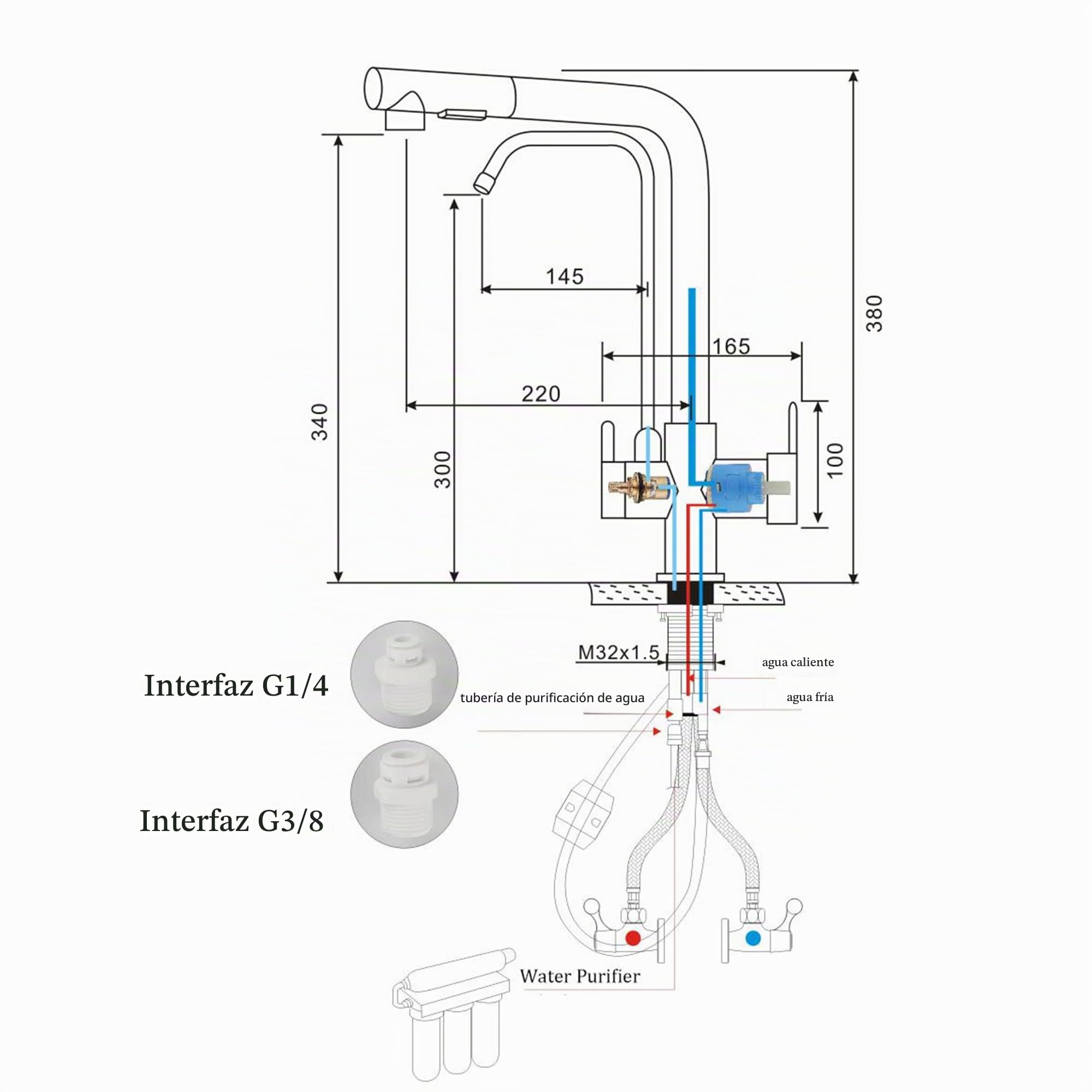 Grifo Cocina Osmosis Extraible, Grifo De Cocina Ósmosis Con 3 Vías,360° Giratorio Grifo Para Fregadero Cobre Grifo Monomando Para Agua Fría Y Caliente (Cromo)