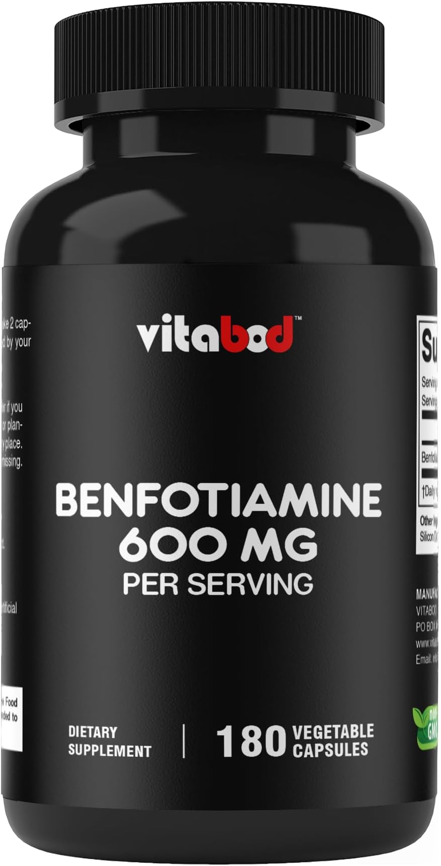 Vitabod Benfotiamine 600mg – 180 Vegetarian Capsules – Fat-Soluble Vitamin B1 Supplement