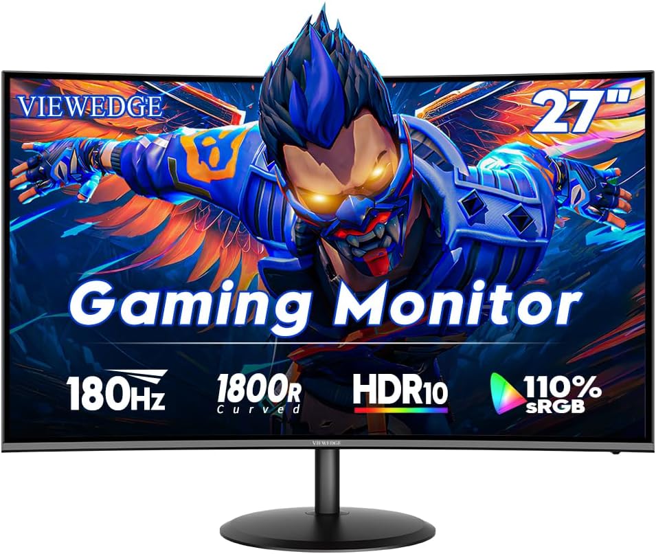 Viewedge Curved Gaming Monitor 27 inch 180Hz, FHD 1080P VA Screen 1800R Computer Monitor, 1ms with FreeSync, Low Motion Blur, DisplayPort, HDMI Monitor, Built-in Speakers