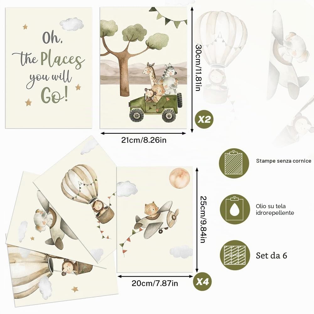 YunBey Set di 6 Poster per Bambini Cameretta Quadri Animali della Giungla Immagini Decorativi per Cameretta Ragazzi e Ragazze (Senza Cornice)